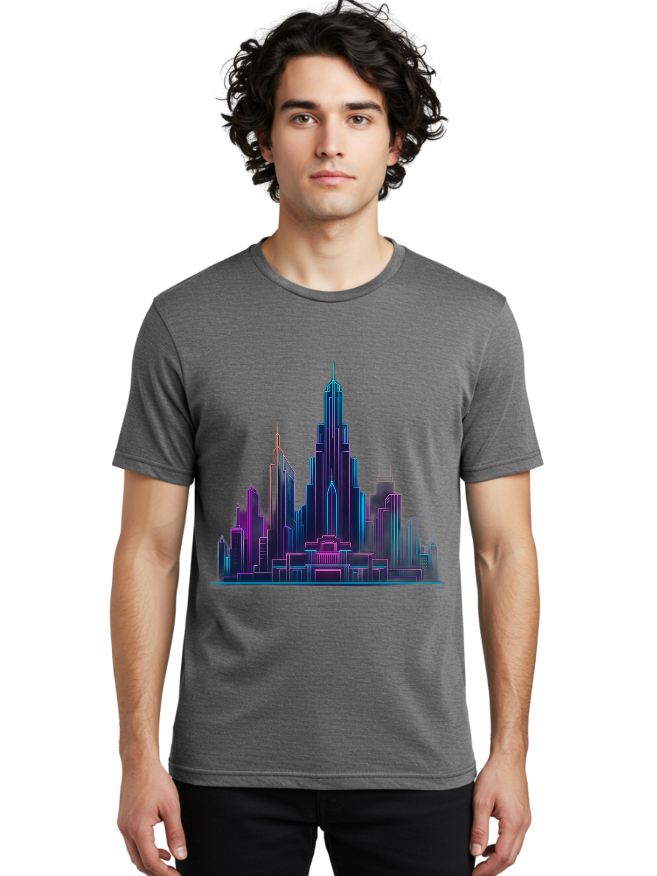 Cityscape-Skyscrapers Men'S Graphic Tee, 100% Cotton, Comfortable Casual Summer Wear, Machine Washable, City Skyline, Futuristic Architecture, Neon Lights, Modern Buildings, Urban Landscape, Skyscrapers, Cityscape, Contemporary Design, Baa321