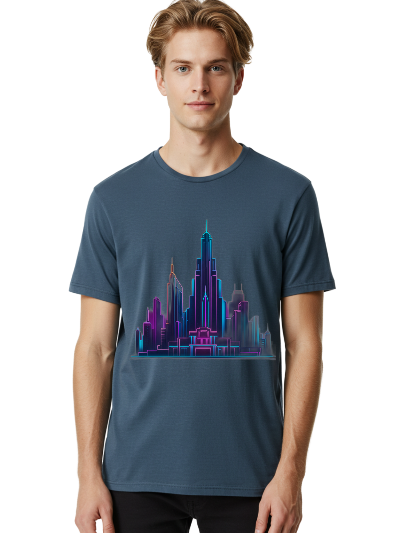 Cityscape-Skyscrapers Men'S Graphic Tee, 100% Cotton, Comfortable Casual Summer Wear, Machine Washable, City Skyline, Futuristic Architecture, Neon Lights, Modern Buildings, Urban Landscape, Skyscrapers, Cityscape, Contemporary Design, Baa321