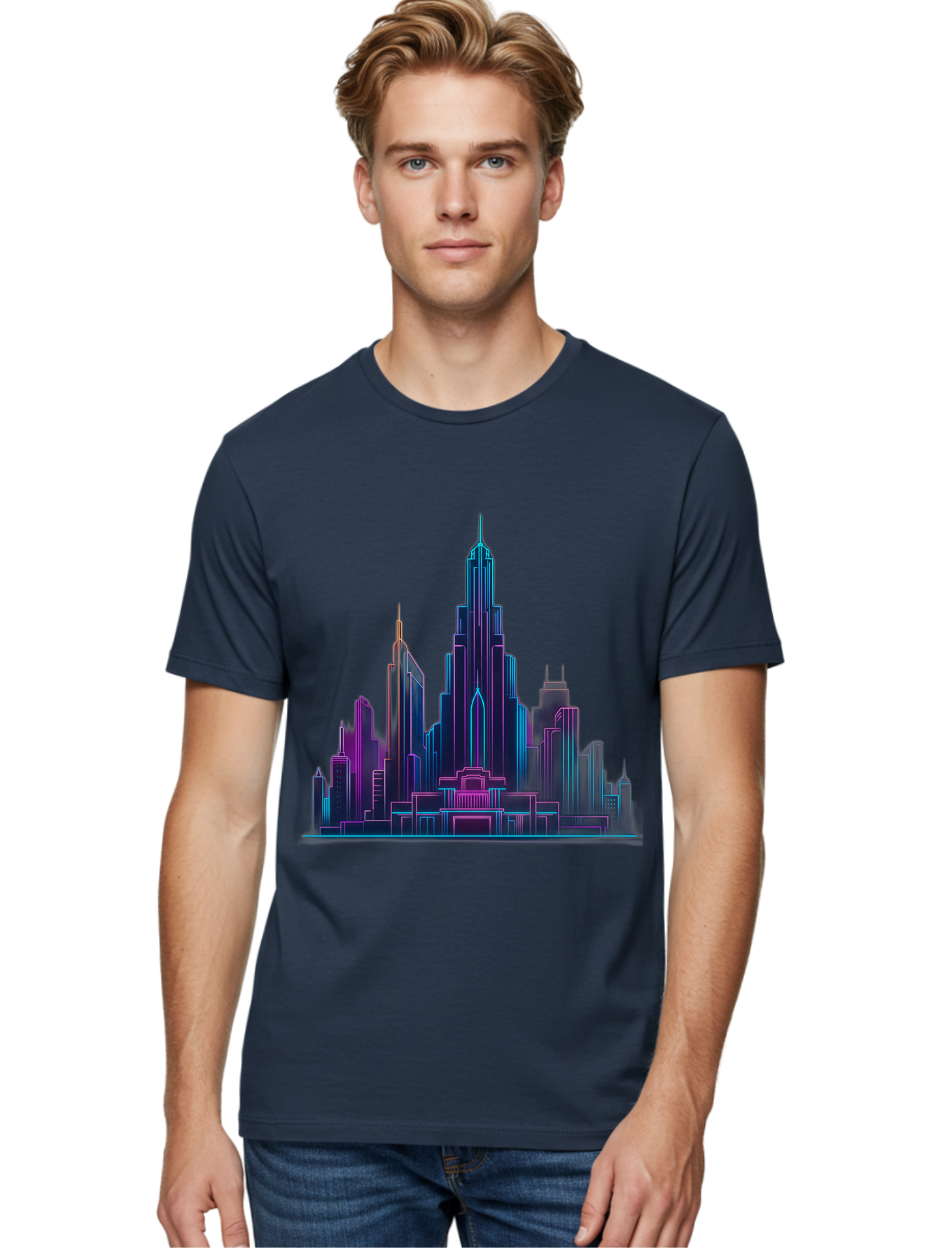Cityscape-Skyscrapers Men'S Graphic Tee, 100% Cotton, Comfortable Casual Summer Wear, Machine Washable, City Skyline, Futuristic Architecture, Neon Lights, Modern Buildings, Urban Landscape, Skyscrapers, Cityscape, Contemporary Design, Baa321