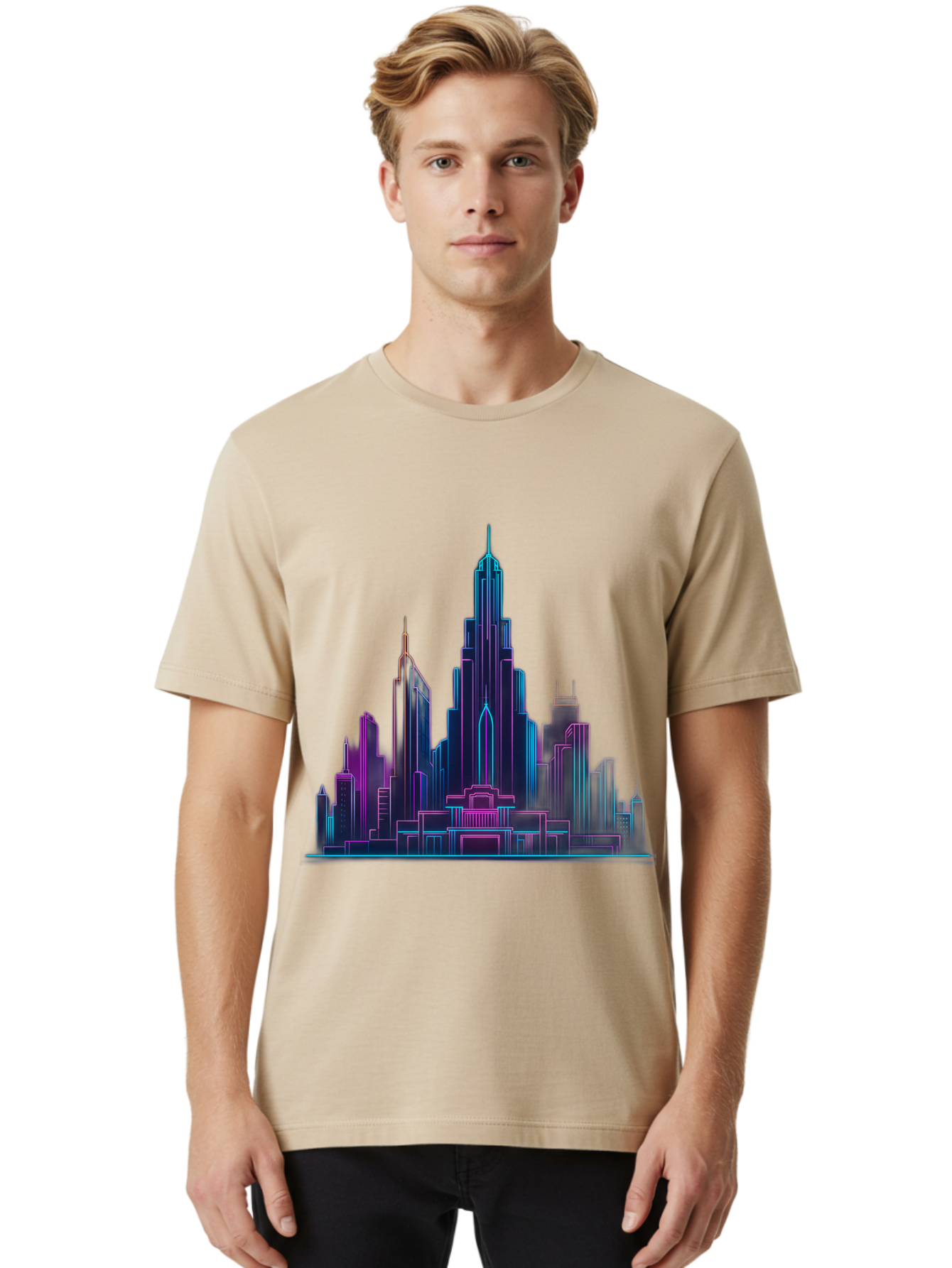 Cityscape-Skyscrapers Men'S Graphic Tee, 100% Cotton, Comfortable Casual Summer Wear, Machine Washable, City Skyline, Futuristic Architecture, Neon Lights, Modern Buildings, Urban Landscape, Skyscrapers, Cityscape, Contemporary Design, Baa321