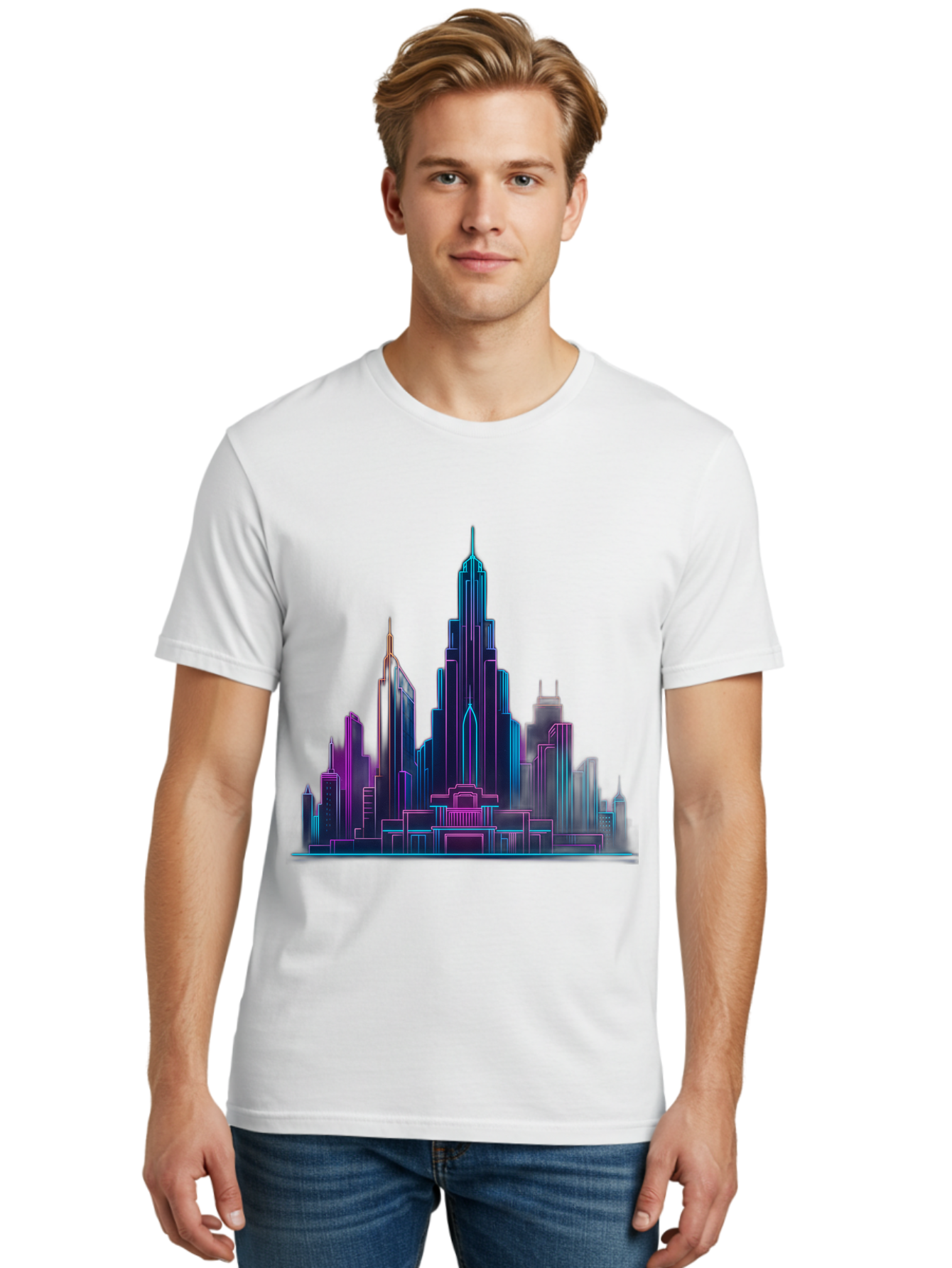 Cityscape-Skyscrapers Men'S Graphic Tee, 100% Cotton, Comfortable Casual Summer Wear, Machine Washable, City Skyline, Futuristic Architecture, Neon Lights, Modern Buildings, Urban Landscape, Skyscrapers, Cityscape, Contemporary Design, Baa321