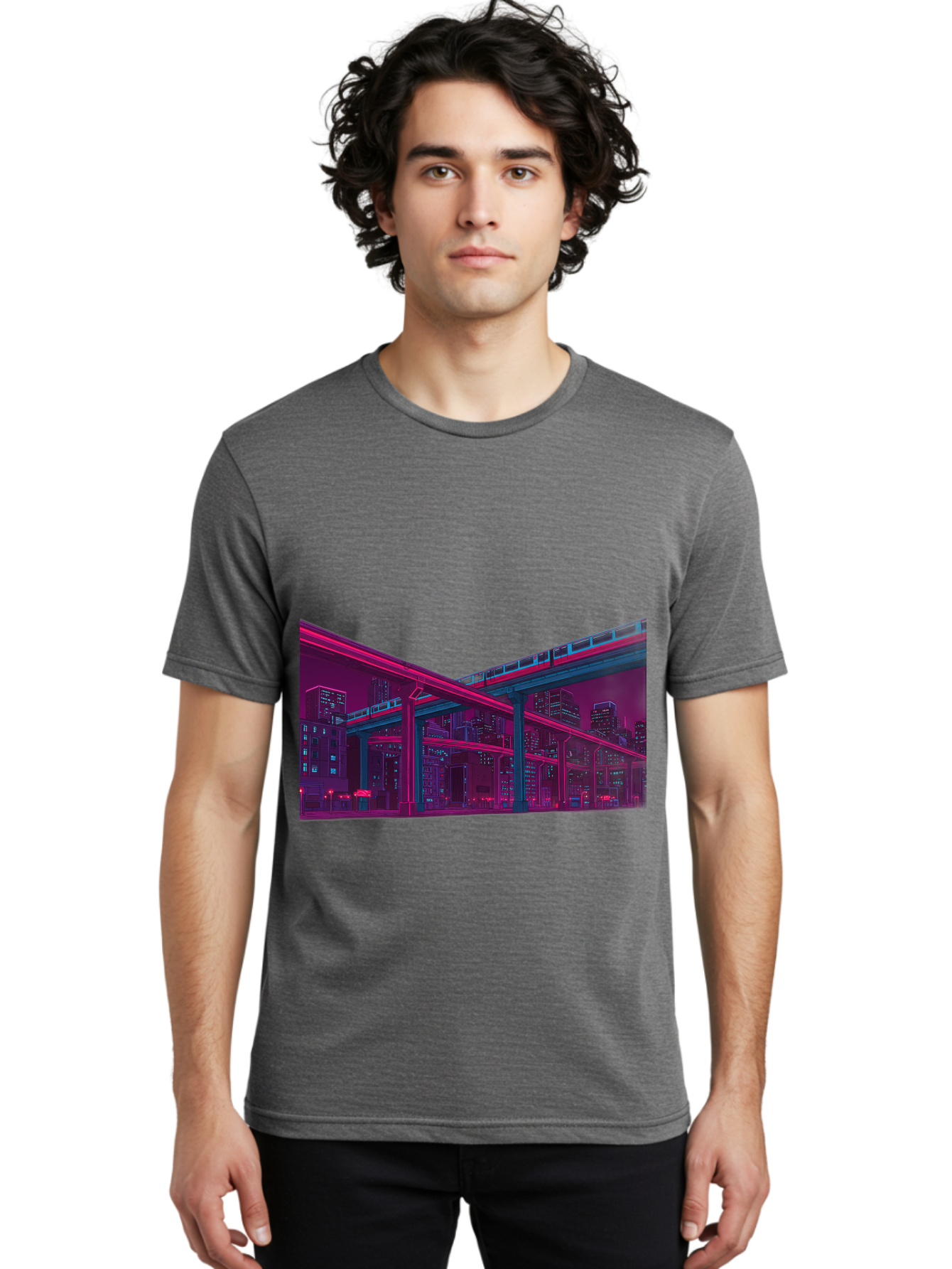 Cityscape Men'S Graphic Tee, 100% Cotton, Comfortable Casual Summer Wear, Machine Washable, Cityscape At Night, Urban Landscape, Neon Lights, City Buildings, Highway, Train, Futuristic Architecture, Modern City Life, City View Baa322