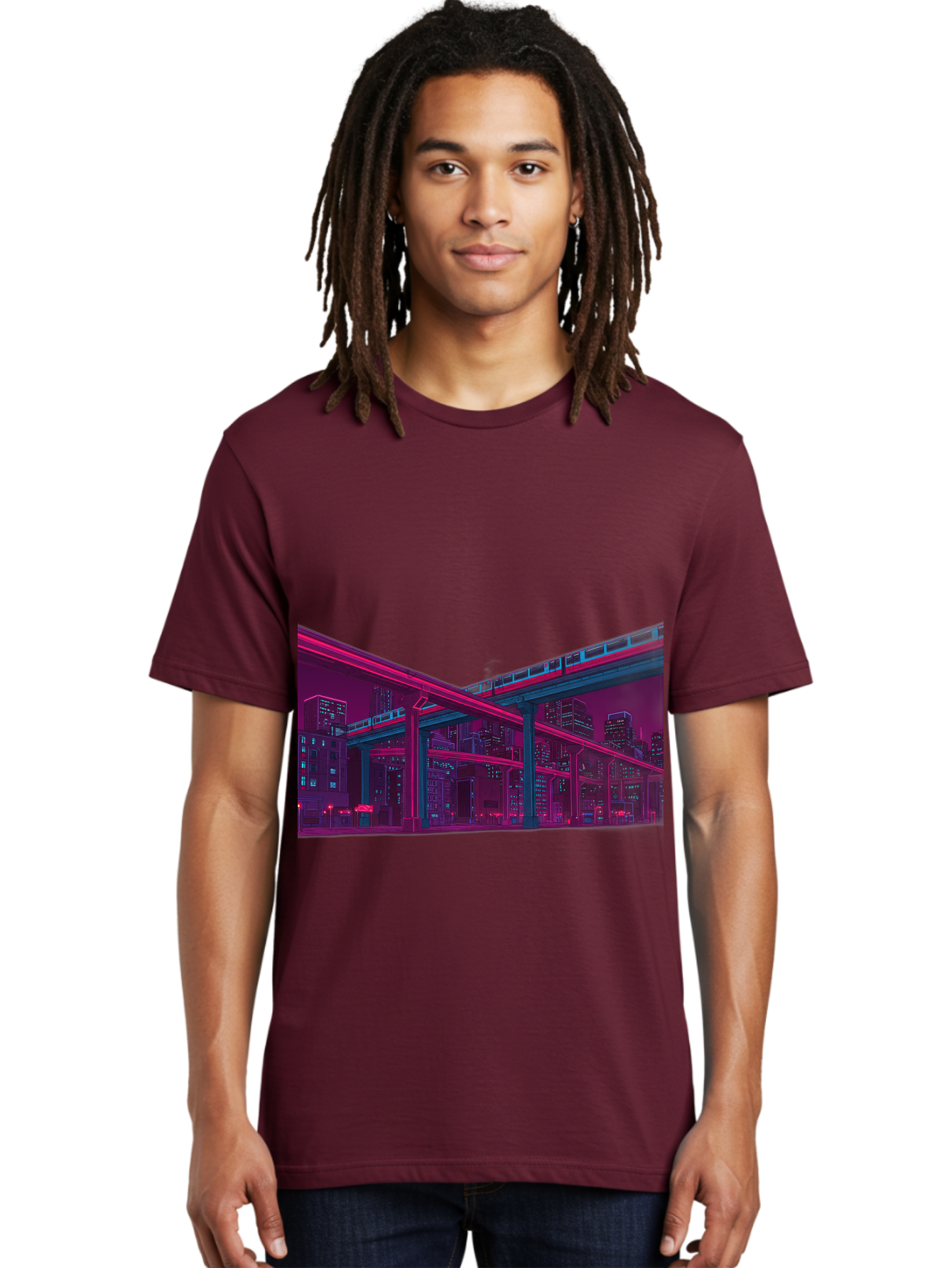 Cityscape Men'S Graphic Tee, 100% Cotton, Comfortable Casual Summer Wear, Machine Washable, Cityscape At Night, Urban Landscape, Neon Lights, City Buildings, Highway, Train, Futuristic Architecture, Modern City Life, City View Baa322