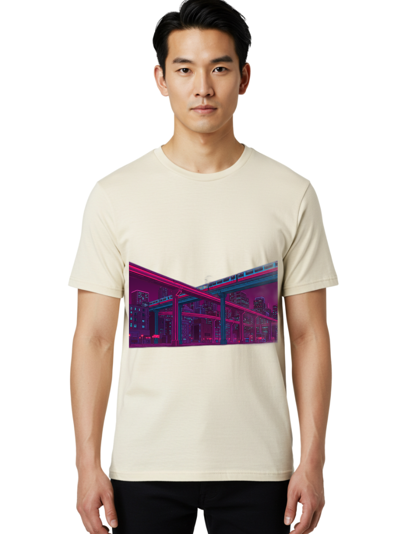 Cityscape Men'S Graphic Tee, 100% Cotton, Comfortable Casual Summer Wear, Machine Washable, Cityscape At Night, Urban Landscape, Neon Lights, City Buildings, Highway, Train, Futuristic Architecture, Modern City Life, City View Baa322