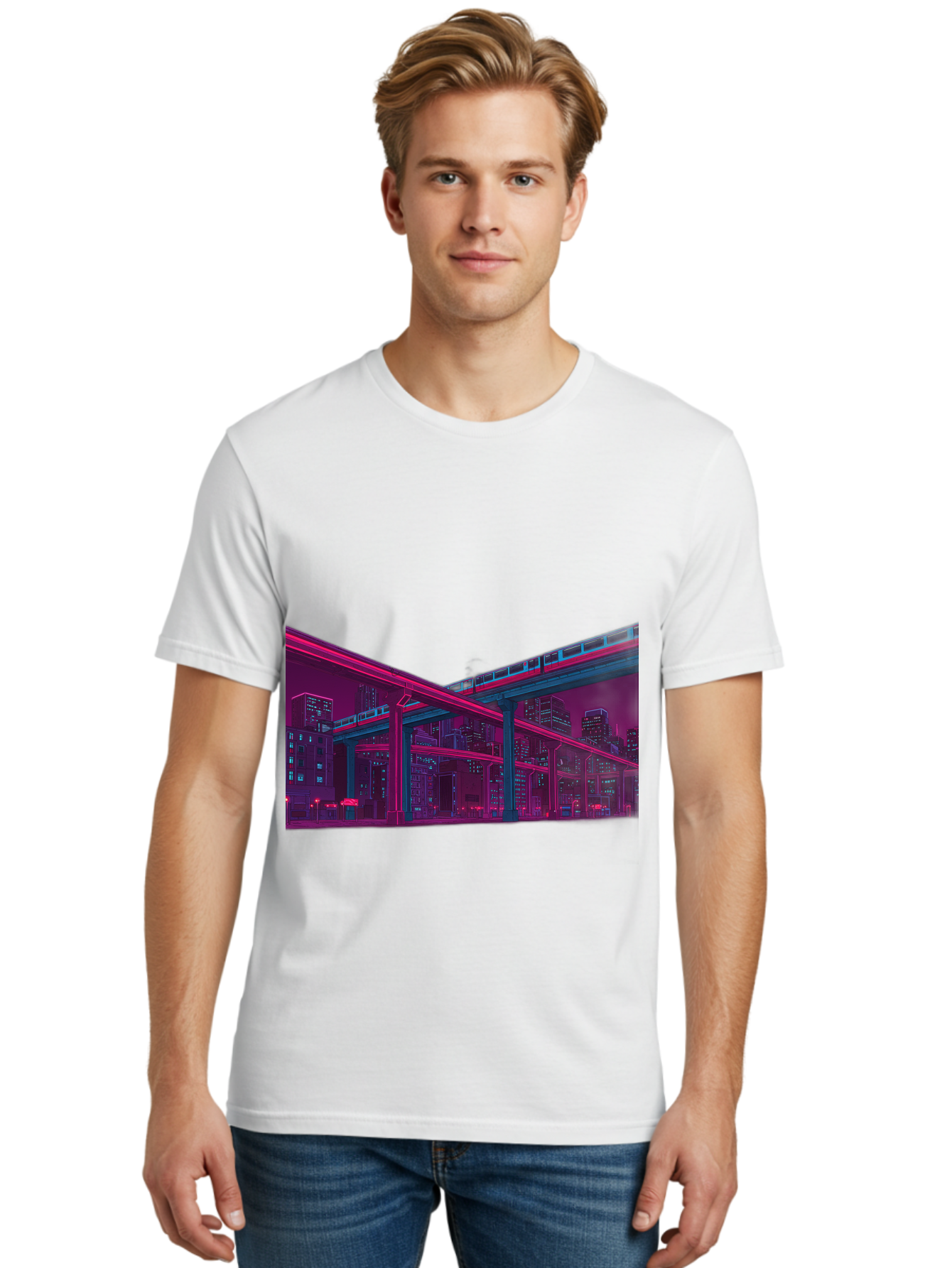 Cityscape Men'S Graphic Tee, 100% Cotton, Comfortable Casual Summer Wear, Machine Washable, Cityscape At Night, Urban Landscape, Neon Lights, City Buildings, Highway, Train, Futuristic Architecture, Modern City Life, City View Baa322