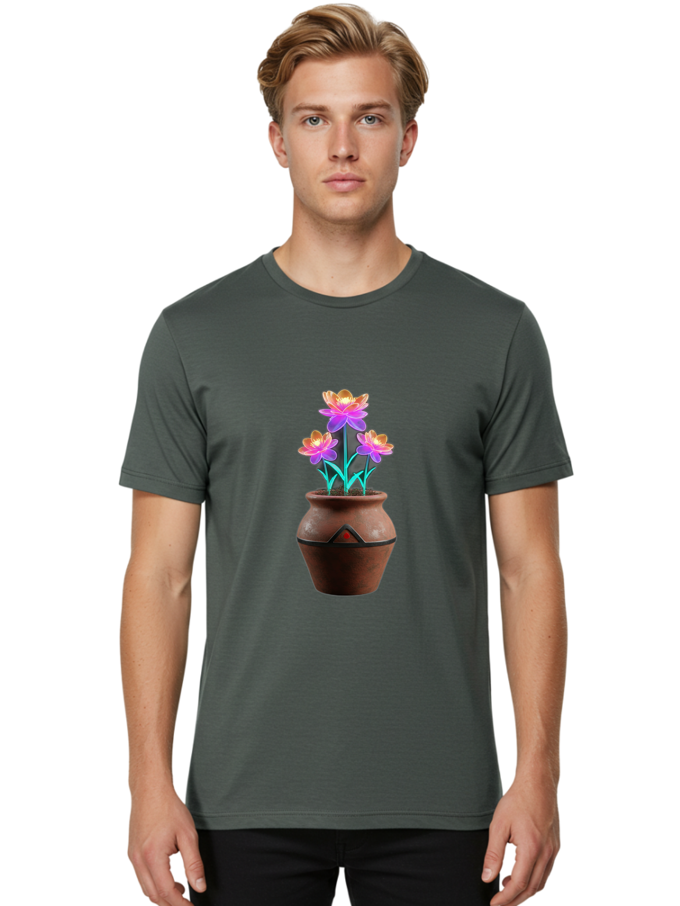 Clay-Pot-Flowers Men'S Graphic Tee, 100% Cotton, Comfortable Casual Summer Wear, Machine Washable, Colorful Flowers, Pink Petals, Orange Center, Clay Pot, Terracotta, Floral Arrangement, Vibrant Colors, Decorative Pot, Flower Bouquet Baa324