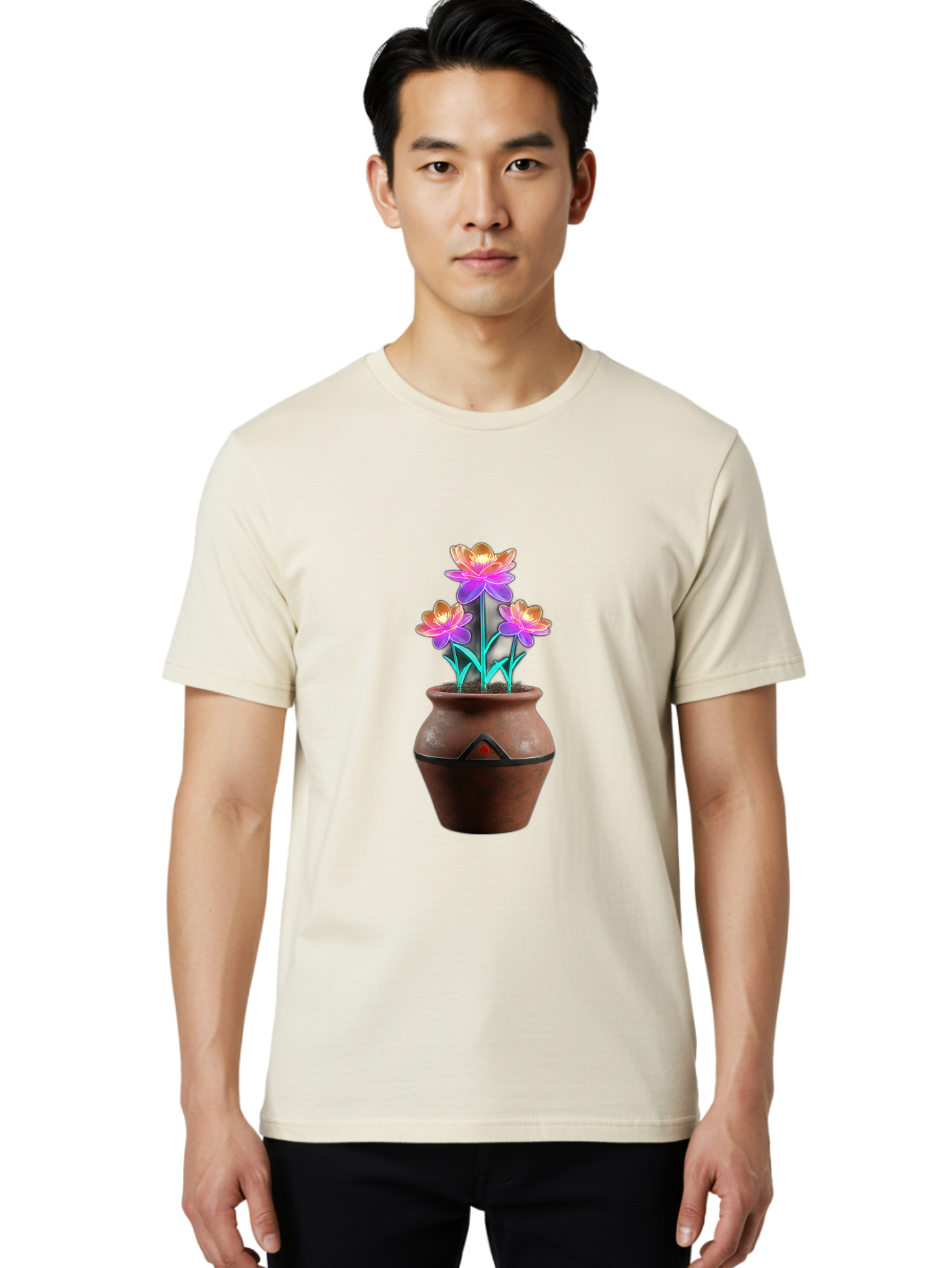 Clay-Pot-Flowers Men'S Graphic Tee, 100% Cotton, Comfortable Casual Summer Wear, Machine Washable, Colorful Flowers, Pink Petals, Orange Center, Clay Pot, Terracotta, Floral Arrangement, Vibrant Colors, Decorative Pot, Flower Bouquet Baa324