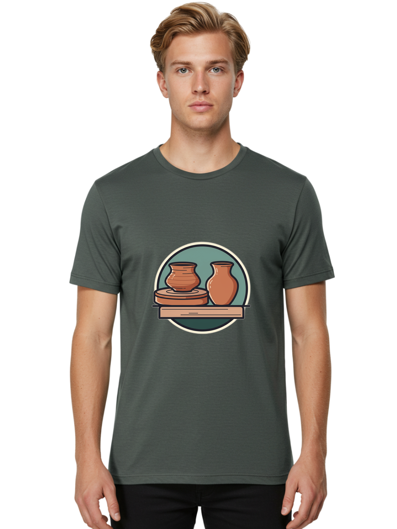 Clay-Pots-On-A-Shelf Men'S Graphic Tee, 100% Cotton, Comfortable Casual Summer Wear, Machine Washable, Clay Vases On Wooden Shelf, Pottery Art, Ceramic Craftsmanship, Traditional Pottery, Handmade Ceramics, Earthy Tones, Artisanal Decor Baa327