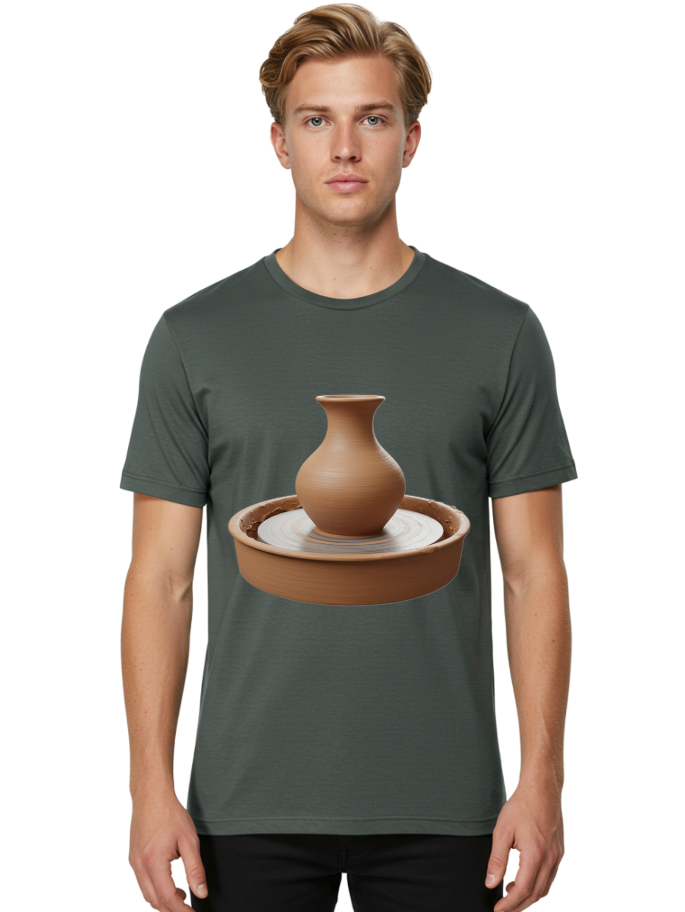 Clay-Vase-On-Pottery-Wheel Men'S Graphic Tee, 100% Cotton, Comfortable Casual Summer Wear, Machine Washable, Pottery Wheel, Clay Vase, Handmade Ceramics, Terra Cotta, Crafting, Artisanal Pottery, Wheel-Thrown Pottery, Ceramic Art, Baa330