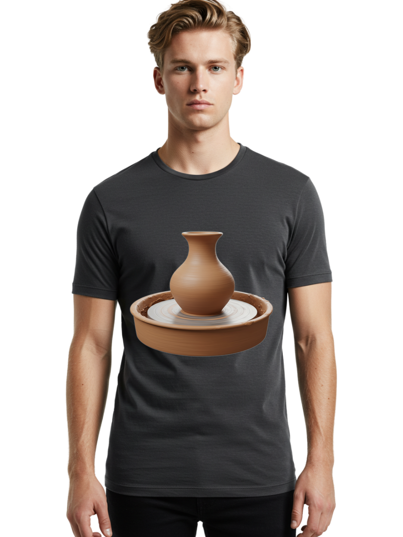 Clay-Vase-On-Pottery-Wheel Men'S Graphic Tee, 100% Cotton, Comfortable Casual Summer Wear, Machine Washable, Pottery Wheel, Clay Vase, Handmade Ceramics, Terra Cotta, Crafting, Artisanal Pottery, Wheel-Thrown Pottery, Ceramic Art, Baa330
