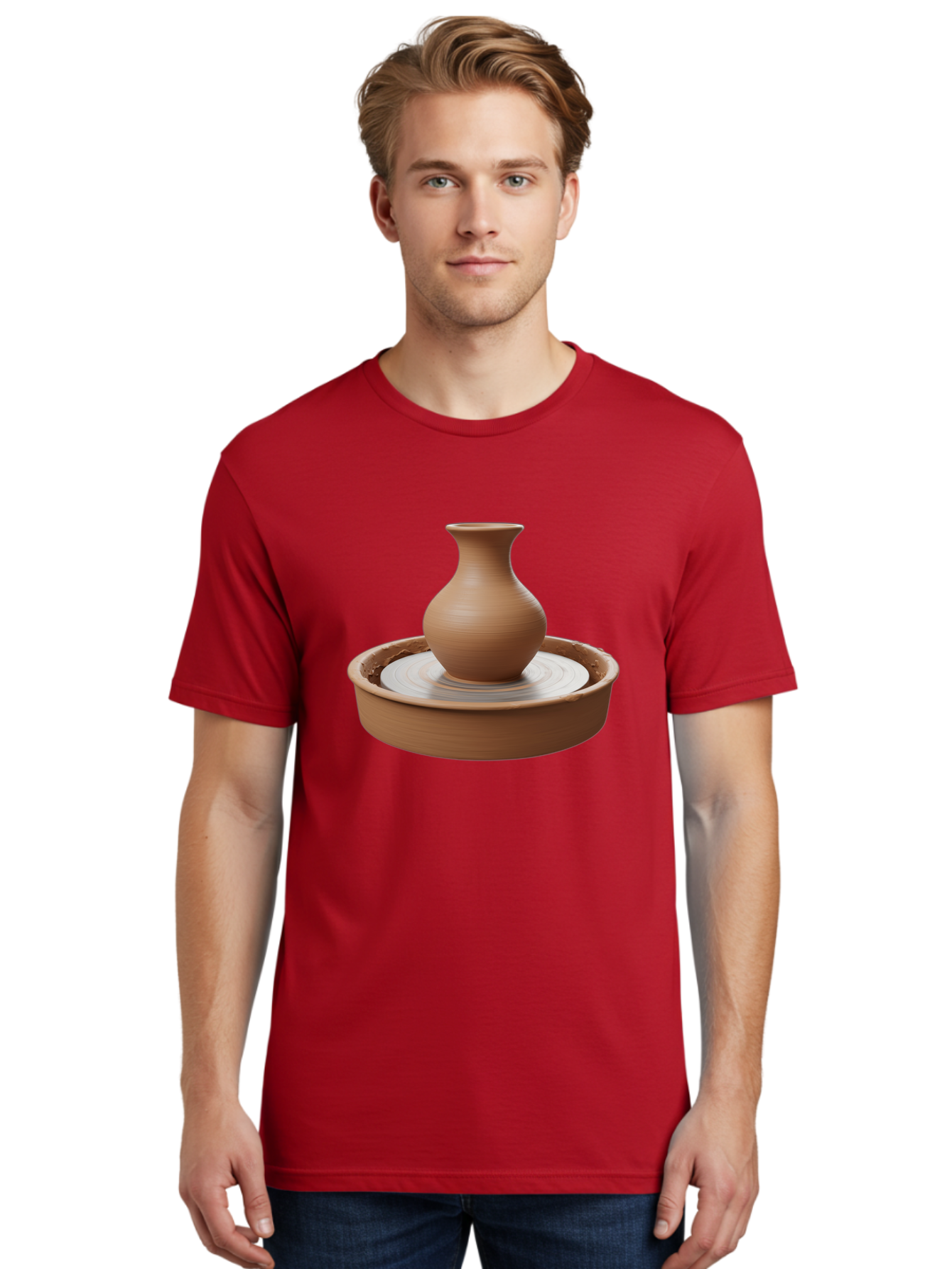 Clay-Vase-On-Pottery-Wheel Men'S Graphic Tee, 100% Cotton, Comfortable Casual Summer Wear, Machine Washable, Pottery Wheel, Clay Vase, Handmade Ceramics, Terra Cotta, Crafting, Artisanal Pottery, Wheel-Thrown Pottery, Ceramic Art, Baa330