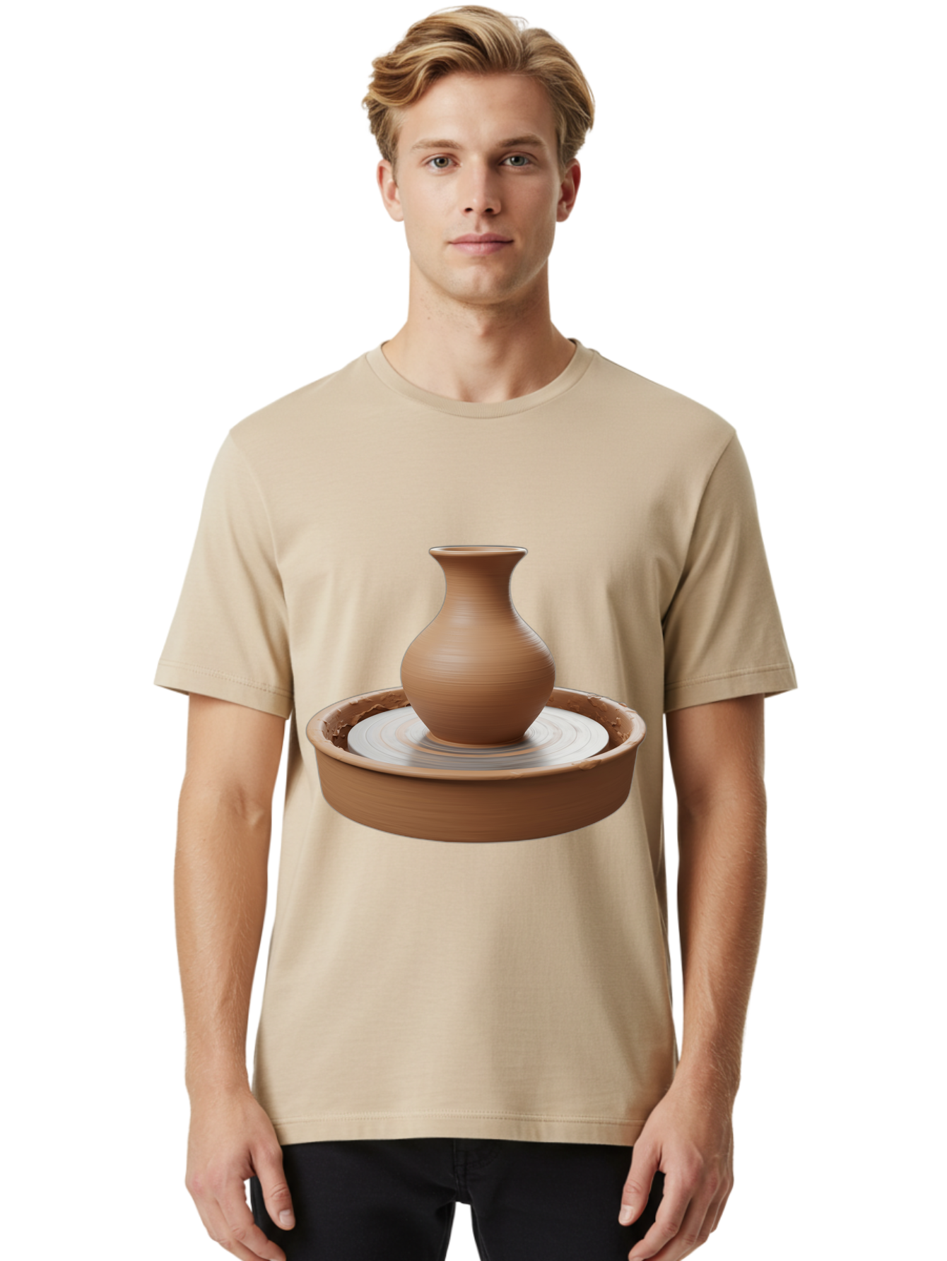 Clay-Vase-On-Pottery-Wheel Men'S Graphic Tee, 100% Cotton, Comfortable Casual Summer Wear, Machine Washable, Pottery Wheel, Clay Vase, Handmade Ceramics, Terra Cotta, Crafting, Artisanal Pottery, Wheel-Thrown Pottery, Ceramic Art, Baa330