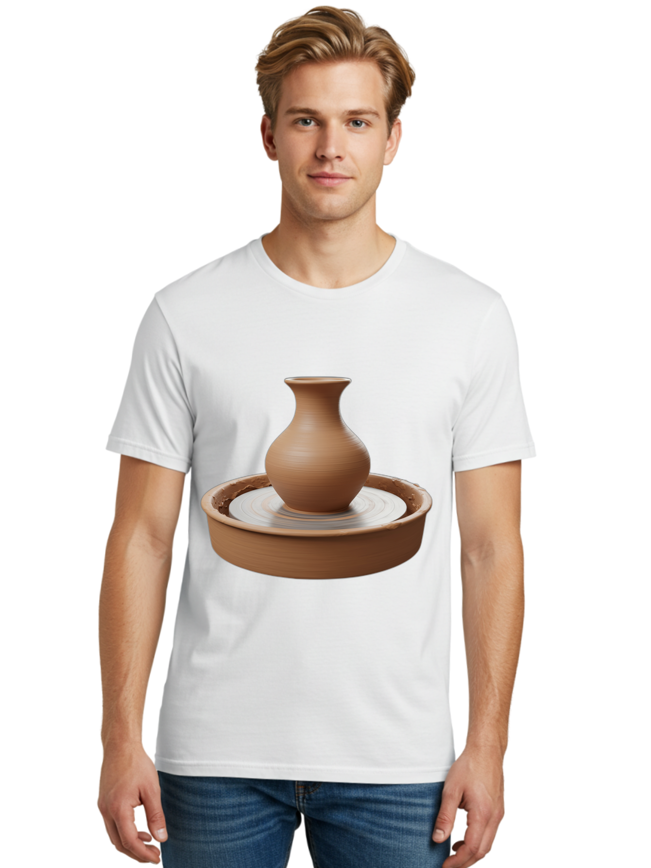 Clay-Vase-On-Pottery-Wheel Men'S Graphic Tee, 100% Cotton, Comfortable Casual Summer Wear, Machine Washable, Pottery Wheel, Clay Vase, Handmade Ceramics, Terra Cotta, Crafting, Artisanal Pottery, Wheel-Thrown Pottery, Ceramic Art, Baa330