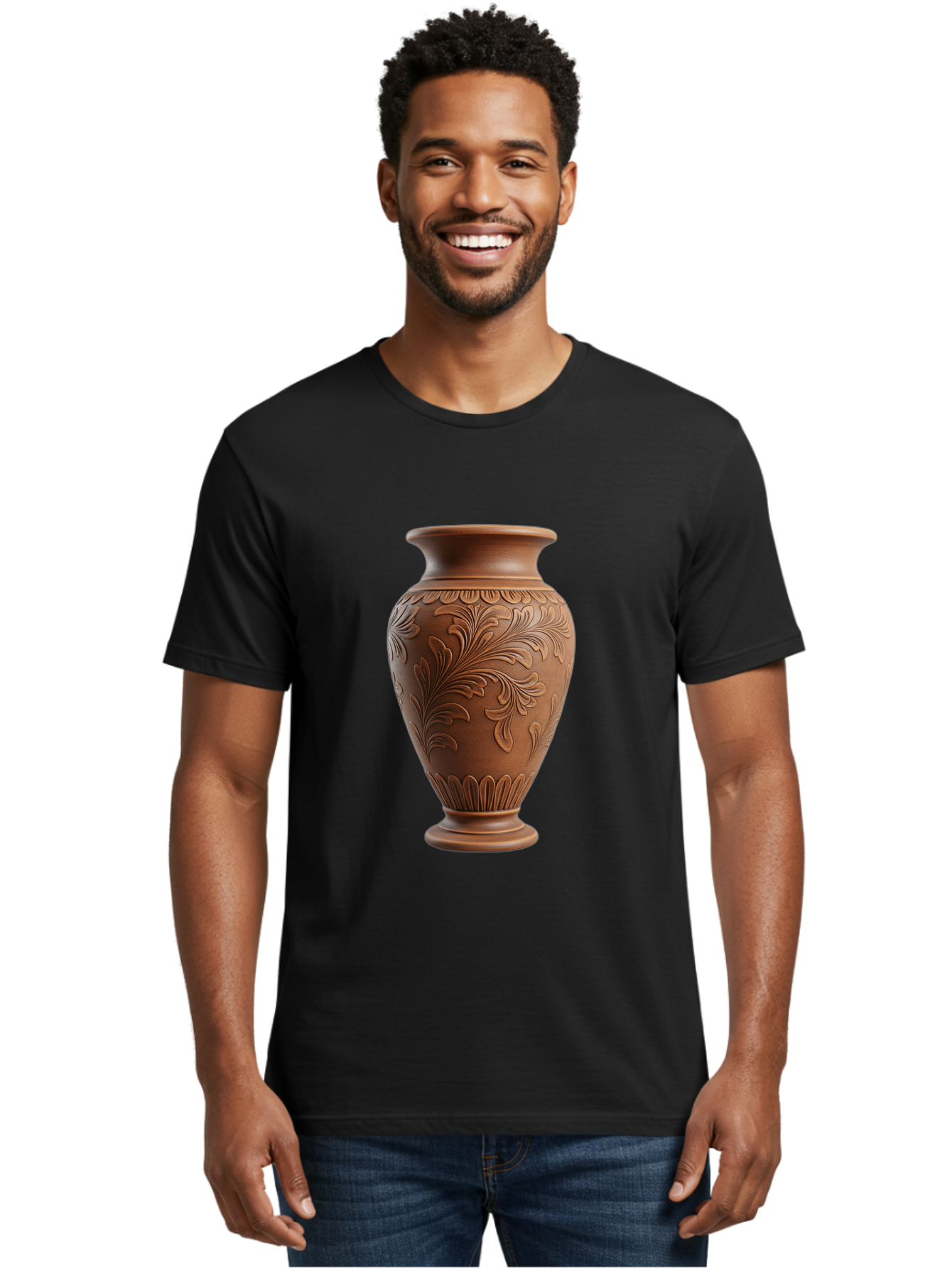 Clay-Vase-With-Floral-Pattern Men'S Graphic Tee, 100% Cotton, Comfortable Casual Summer Wear, Machine Washable, Terracotta Vase, Clay Pottery, Ornate Design, Floral Pattern, Traditional Craftsmanship, Earthy Tones, Vintage Decor, Home Decor, Baa331
