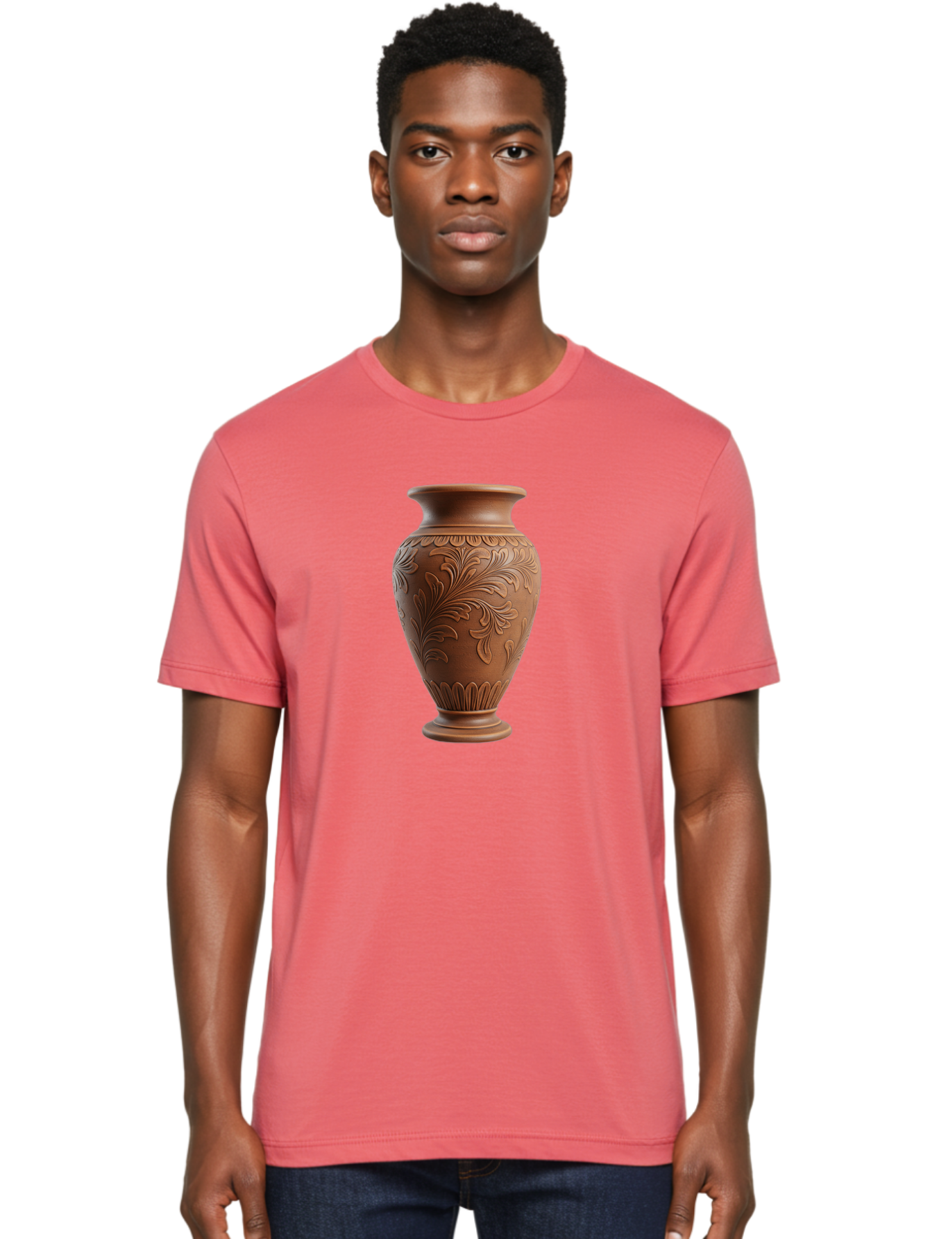 Clay-Vase-With-Floral-Pattern Men'S Graphic Tee, 100% Cotton, Comfortable Casual Summer Wear, Machine Washable, Terracotta Vase, Clay Pottery, Ornate Design, Floral Pattern, Traditional Craftsmanship, Earthy Tones, Vintage Decor, Home Decor, Baa331