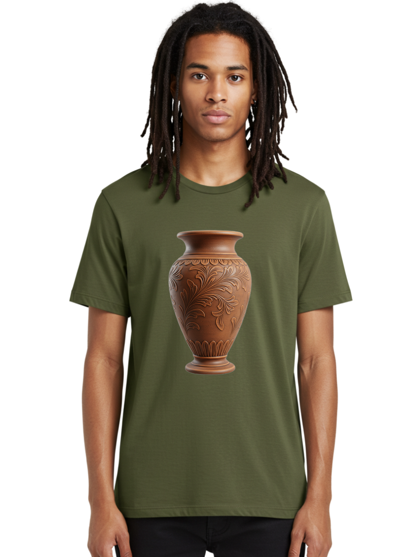 Clay-Vase-With-Floral-Pattern Men'S Graphic Tee, 100% Cotton, Comfortable Casual Summer Wear, Machine Washable, Terracotta Vase, Clay Pottery, Ornate Design, Floral Pattern, Traditional Craftsmanship, Earthy Tones, Vintage Decor, Home Decor, Baa331