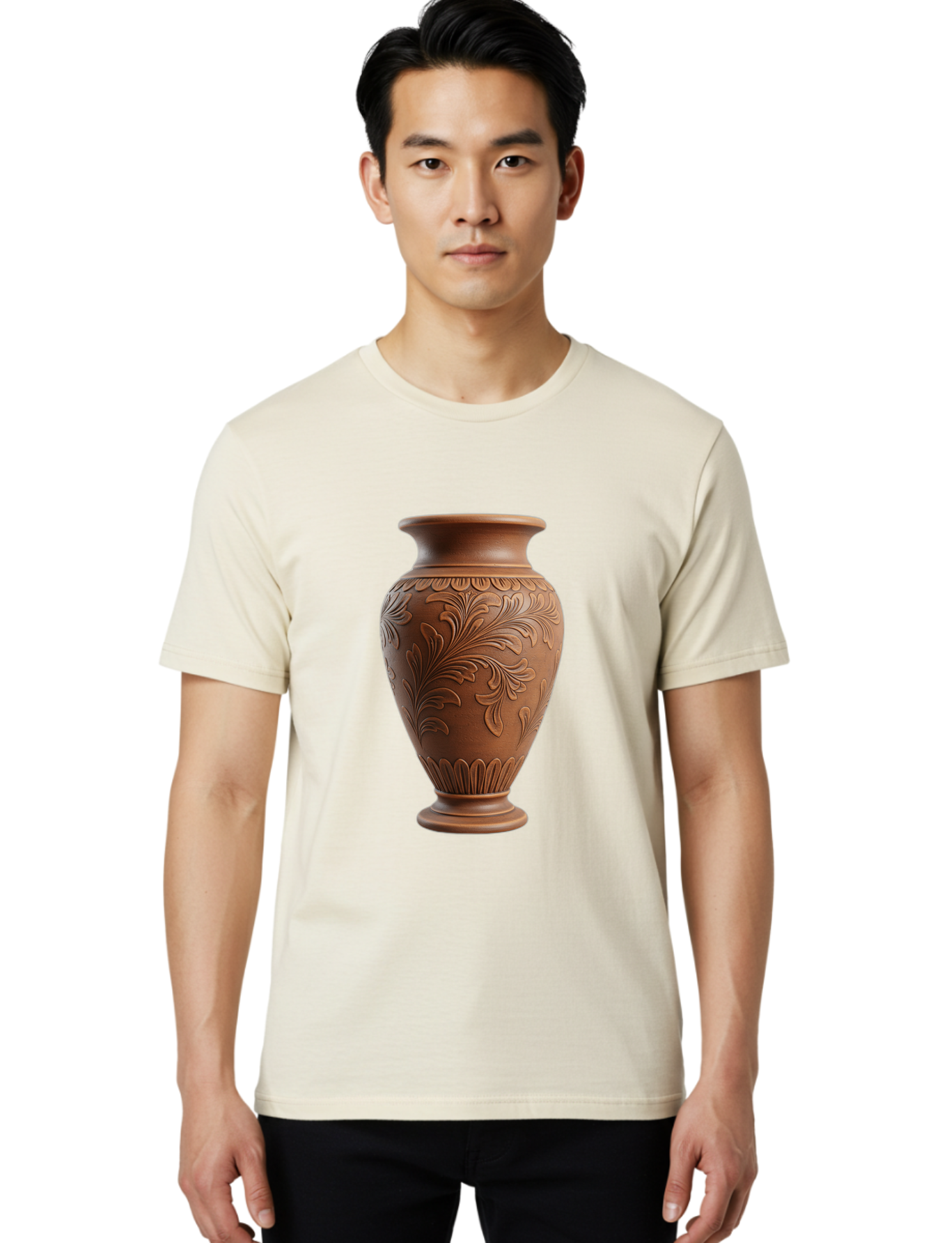 Clay-Vase-With-Floral-Pattern Men'S Graphic Tee, 100% Cotton, Comfortable Casual Summer Wear, Machine Washable, Terracotta Vase, Clay Pottery, Ornate Design, Floral Pattern, Traditional Craftsmanship, Earthy Tones, Vintage Decor, Home Decor, Baa331