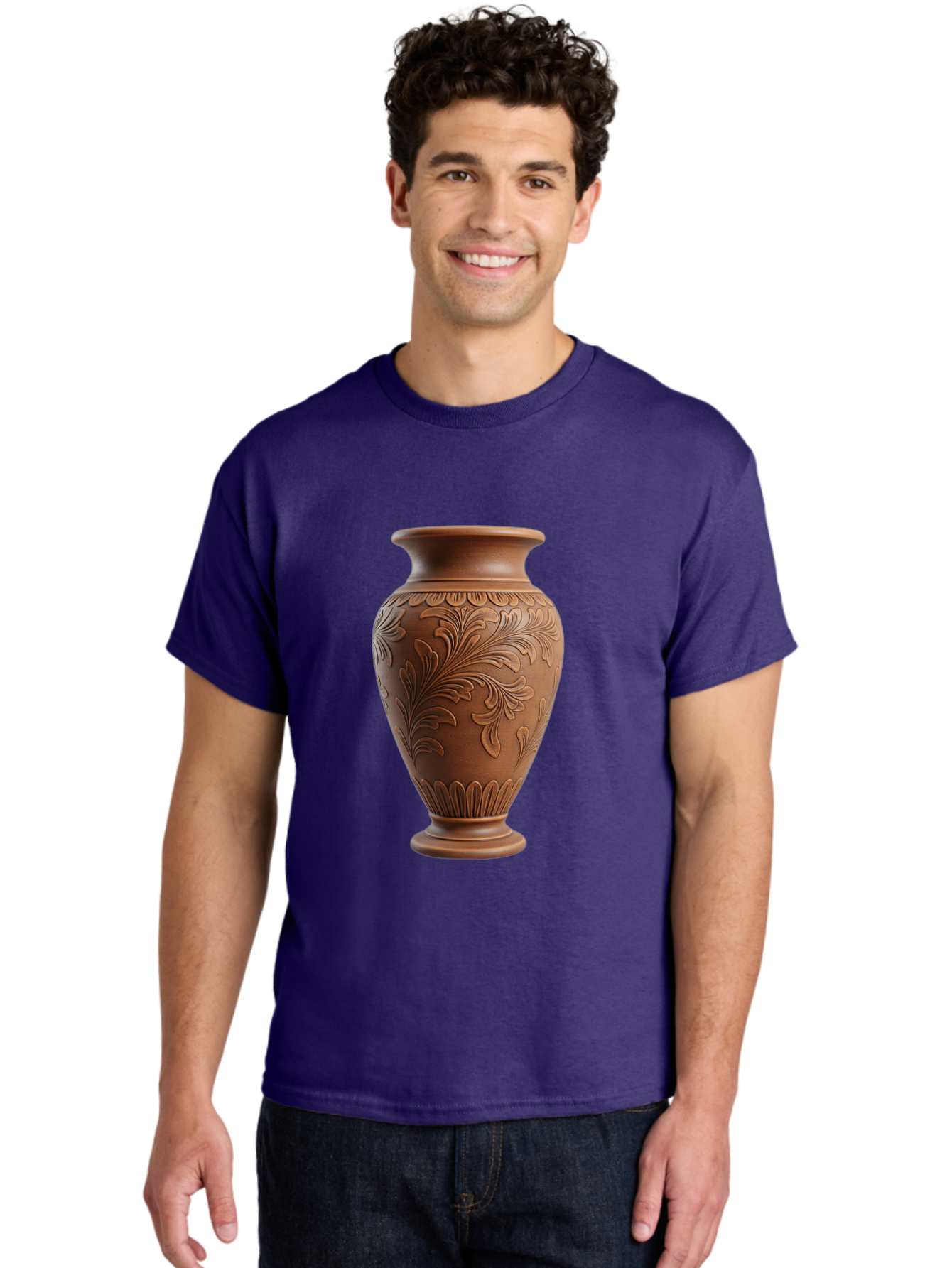 Clay-Vase-With-Floral-Pattern Men'S Graphic Tee, 100% Cotton, Comfortable Casual Summer Wear, Machine Washable, Terracotta Vase, Clay Pottery, Ornate Design, Floral Pattern, Traditional Craftsmanship, Earthy Tones, Vintage Decor, Home Decor, Baa331