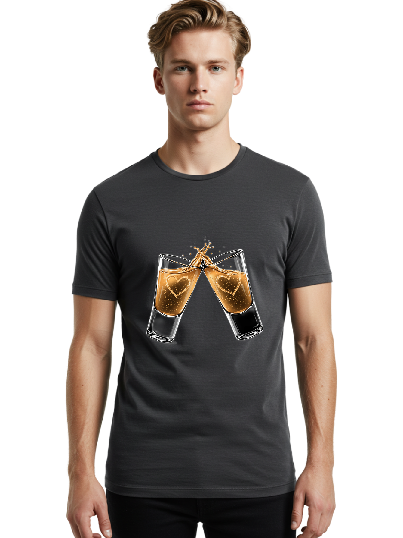 Clinking-Liquor-Glasses Men'S Graphic Tee, 100% Cotton, Comfortable Casual Summer Wear, Machine Washable, Two Shot Glasses, Cheers, Toast, Celebratory Drink, Love, Heart Shape, Whiskey, Cocktail, Party, Celebration, Festive Atmosphere Baa332