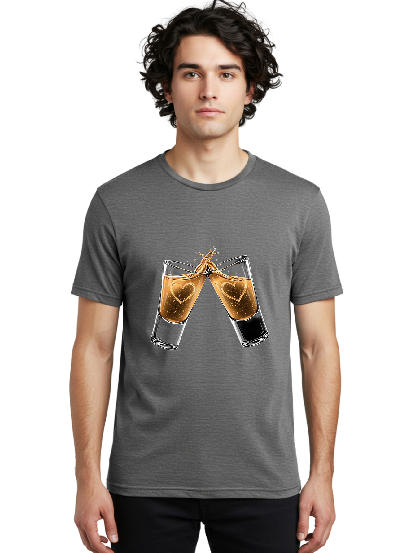 Clinking-Liquor-Glasses Men'S Graphic Tee, 100% Cotton, Comfortable Casual Summer Wear, Machine Washable, Two Shot Glasses, Cheers, Toast, Celebratory Drink, Love, Heart Shape, Whiskey, Cocktail, Party, Celebration, Festive Atmosphere Baa332