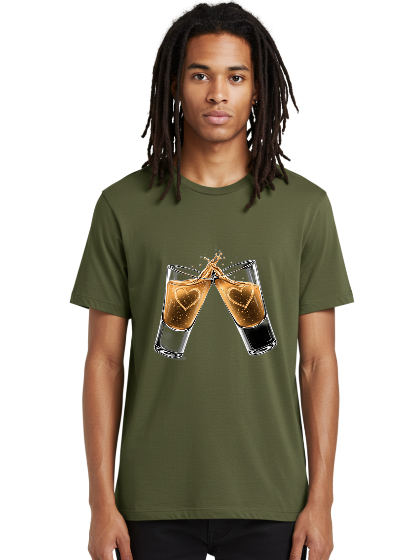 Clinking-Liquor-Glasses Men'S Graphic Tee, 100% Cotton, Comfortable Casual Summer Wear, Machine Washable, Two Shot Glasses, Cheers, Toast, Celebratory Drink, Love, Heart Shape, Whiskey, Cocktail, Party, Celebration, Festive Atmosphere Baa332