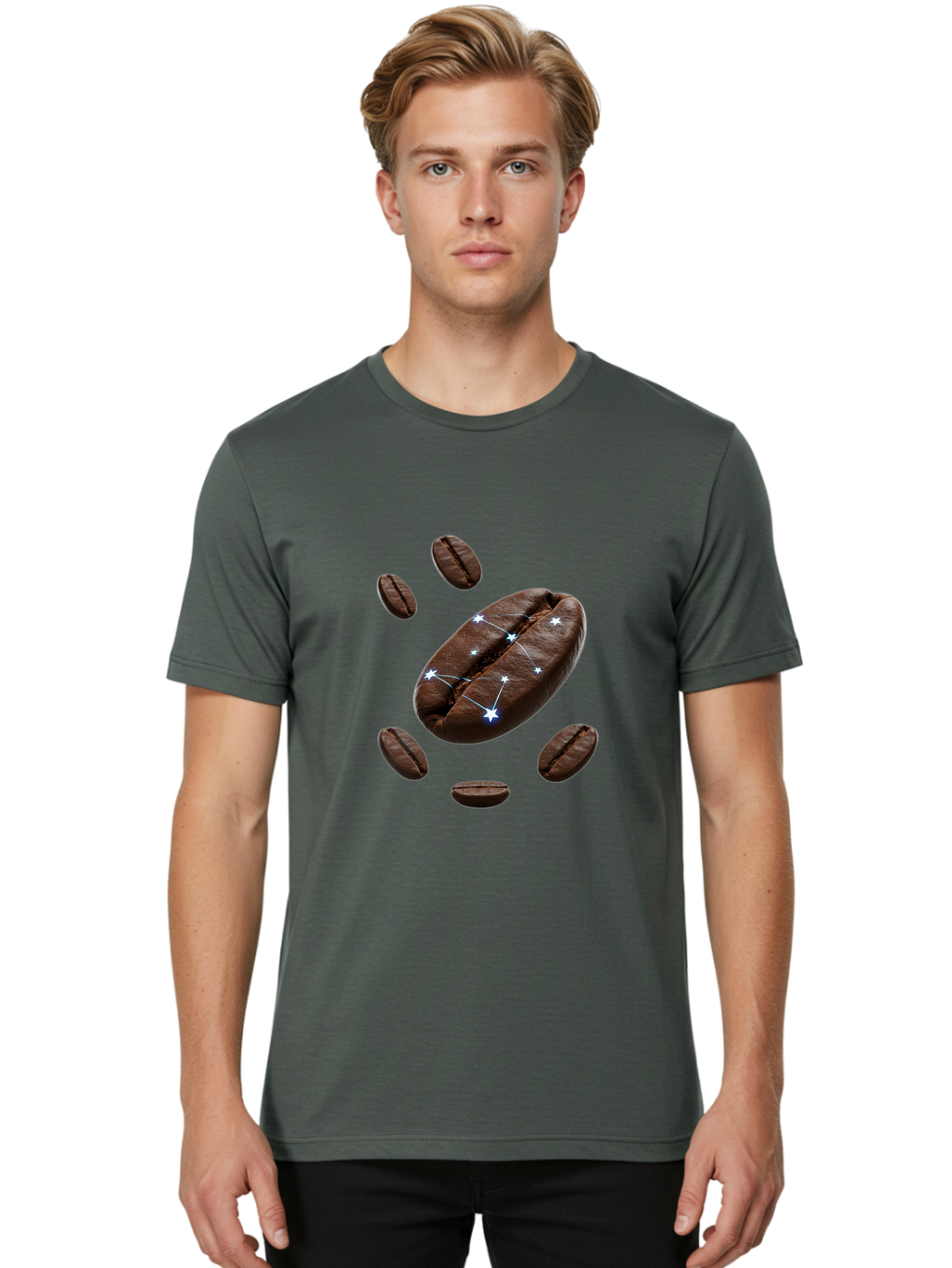 Coffee-Bean-Constellation Men'S Graphic Tee, 100% Cotton, Comfortable Casual Summer Wear, Machine Washable, Coffee Beans, Constellation Pattern, Stars, Creative Design, Surreal Art, Coffee Lover, Unique Artwork, Abstract Illustration, Baa334
