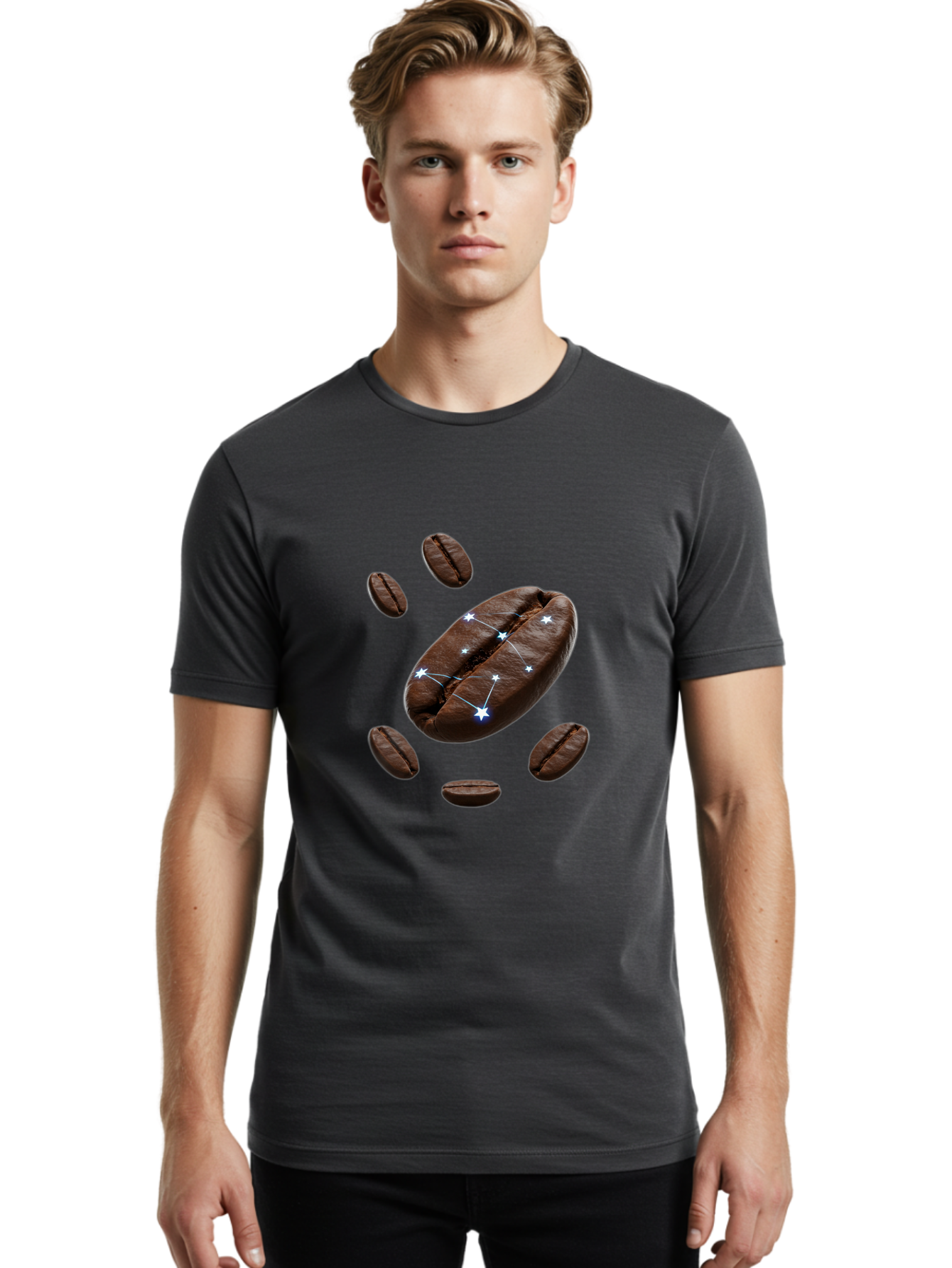 Coffee-Bean-Constellation Men'S Graphic Tee, 100% Cotton, Comfortable Casual Summer Wear, Machine Washable, Coffee Beans, Constellation Pattern, Stars, Creative Design, Surreal Art, Coffee Lover, Unique Artwork, Abstract Illustration, Baa334
