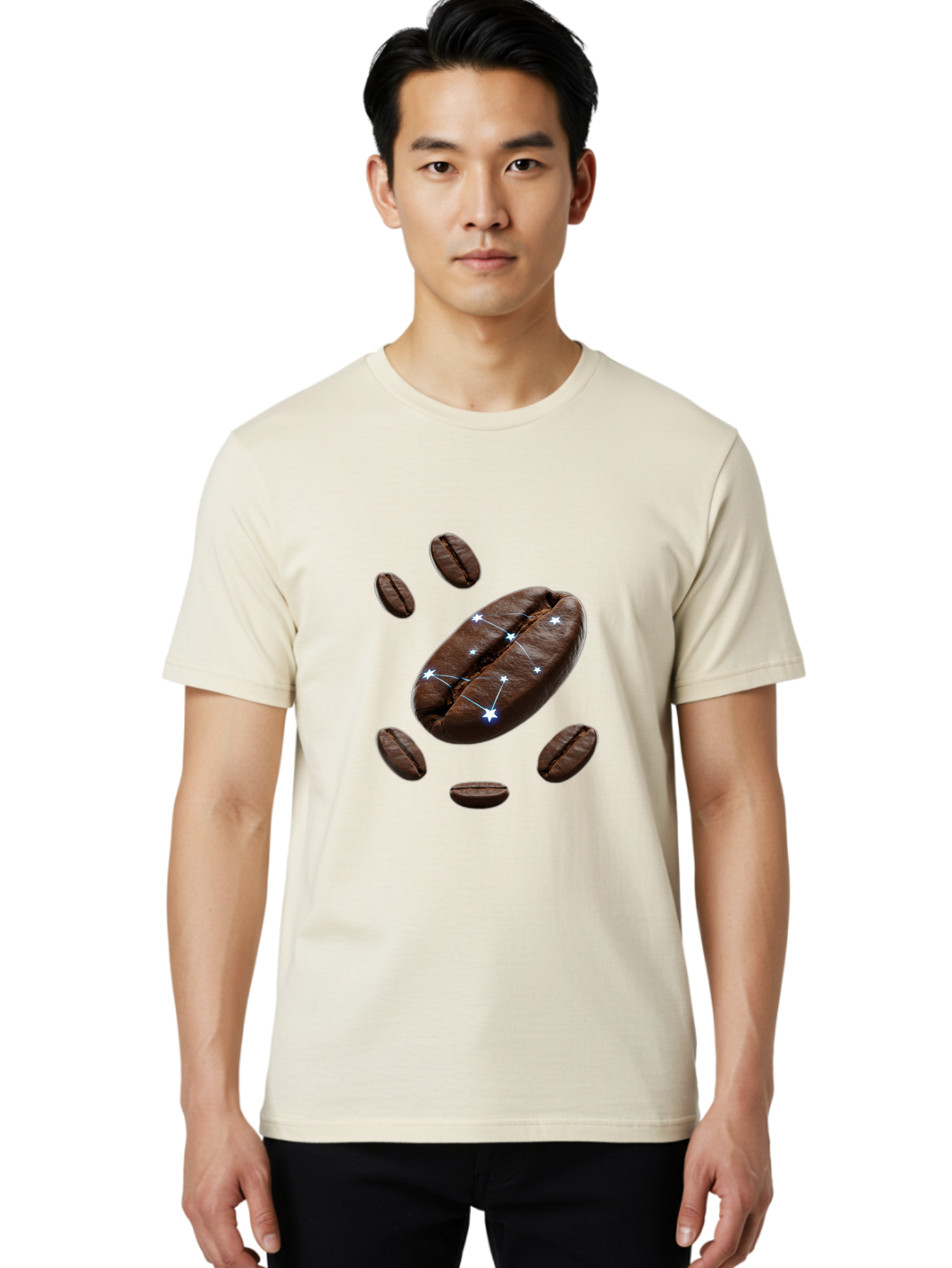 Coffee-Bean-Constellation Men'S Graphic Tee, 100% Cotton, Comfortable Casual Summer Wear, Machine Washable, Coffee Beans, Constellation Pattern, Stars, Creative Design, Surreal Art, Coffee Lover, Unique Artwork, Abstract Illustration, Baa334