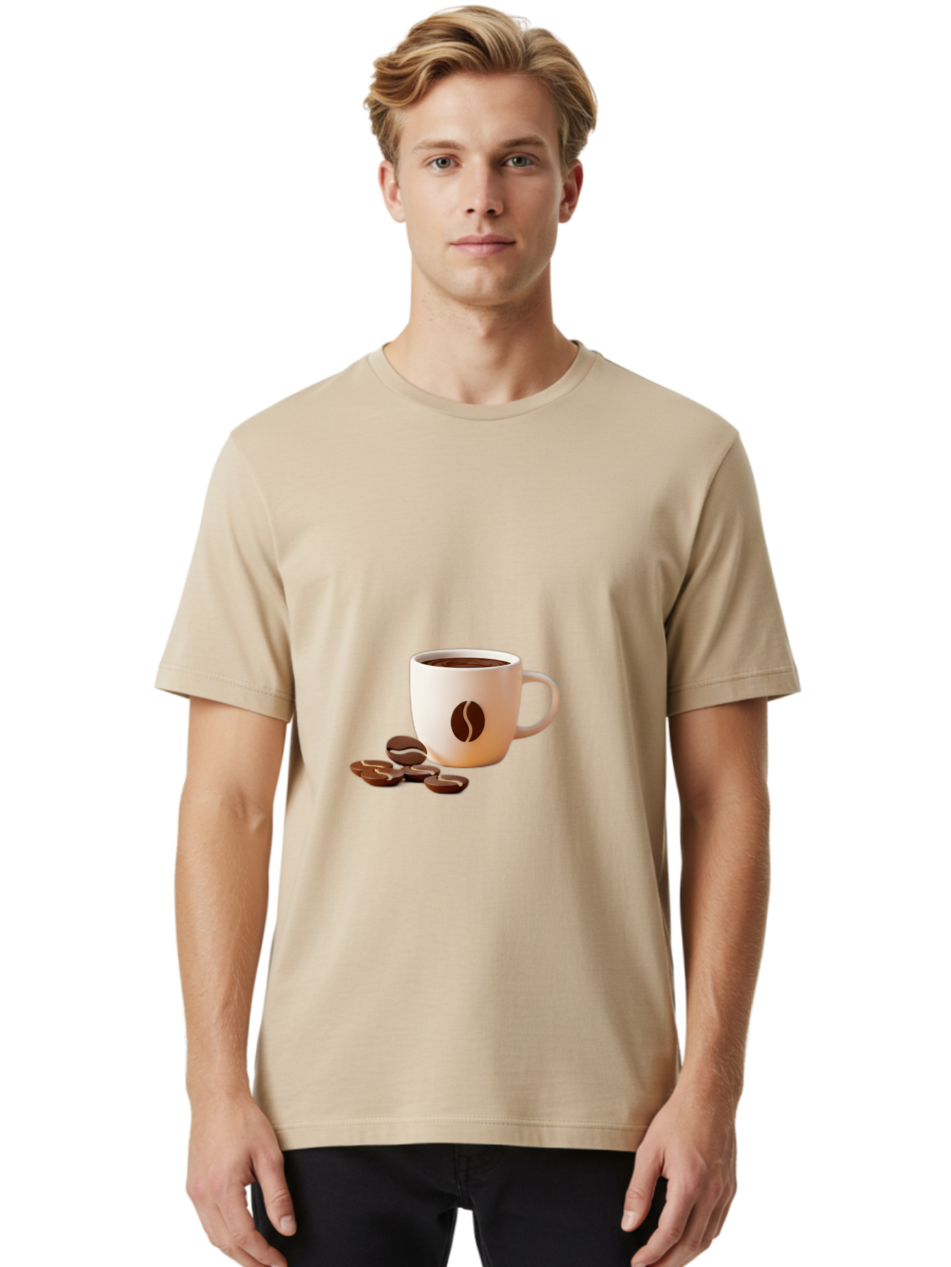Coffee-Bean-Mug Men'S Graphic Tee, 100% Cotton, Comfortable Casual Summer Wear, Machine Washable, Coffee Mug, Coffee Beans, Dark Brown Coffee, Morning Coffee, Coffee Break, Coffee Time, Coffee Symbol, Coffee Design Baa335