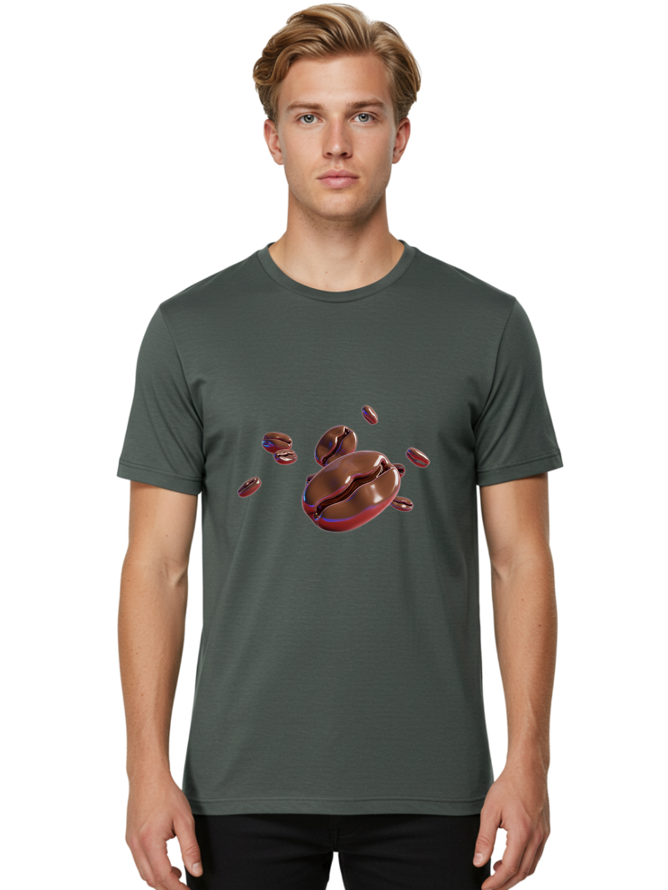Coffee-Beans-1 Men'S Graphic Tee, 100% Cotton, Comfortable Casual Summer Wear, Machine Washable, Roasted Coffee Beans, Dark Brown, Shiny, Scattered, Coffee Break, Morning Pick-Me-Up, Caffeinated, Energy Boost Baa336
