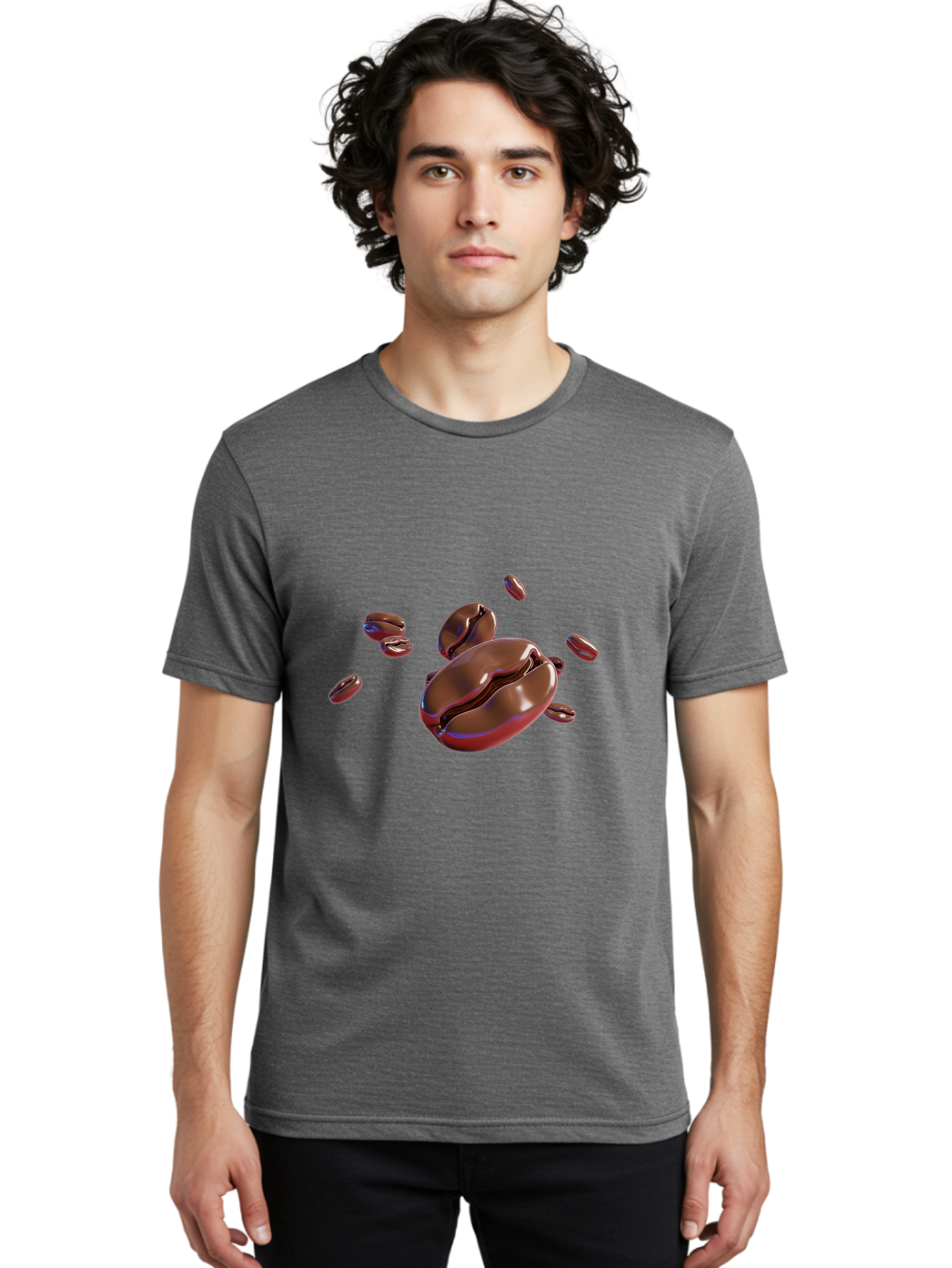 Coffee-Beans-1 Men'S Graphic Tee, 100% Cotton, Comfortable Casual Summer Wear, Machine Washable, Roasted Coffee Beans, Dark Brown, Shiny, Scattered, Coffee Break, Morning Pick-Me-Up, Caffeinated, Energy Boost Baa336
