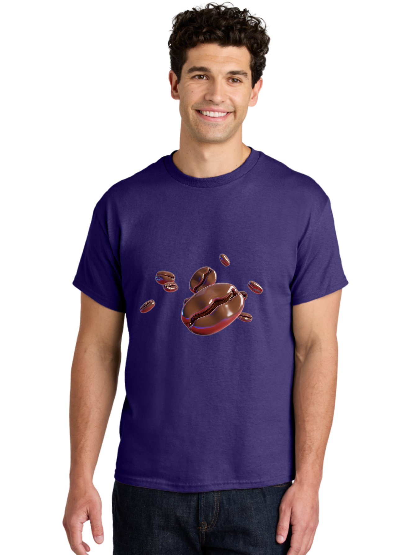 Coffee-Beans-1 Men'S Graphic Tee, 100% Cotton, Comfortable Casual Summer Wear, Machine Washable, Roasted Coffee Beans, Dark Brown, Shiny, Scattered, Coffee Break, Morning Pick-Me-Up, Caffeinated, Energy Boost Baa336