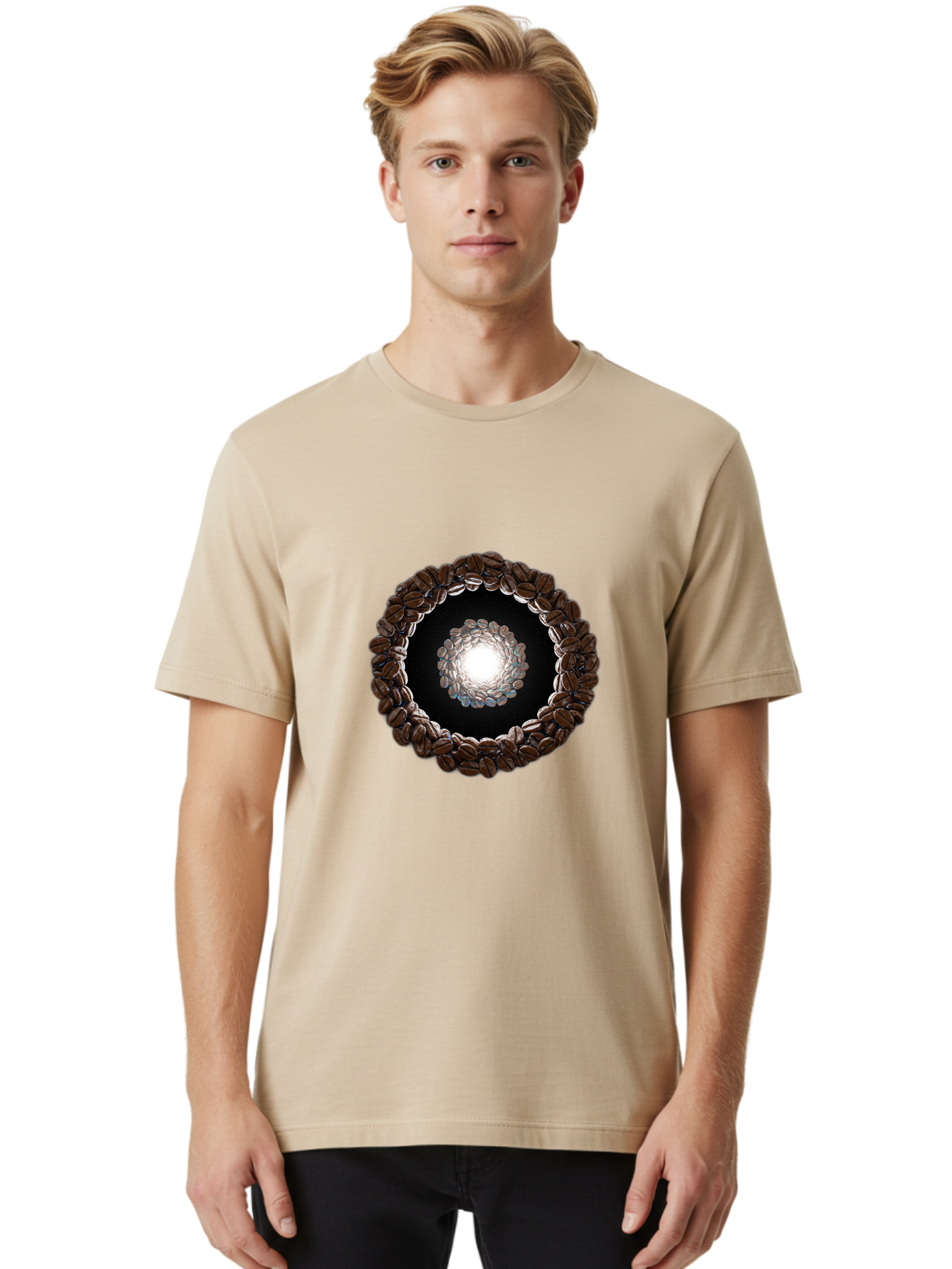 Coffee-Beans-Circle Men'S Graphic Tee, 100% Cotton, Comfortable Casual Summer Wear, Machine Washable, Circle Of Coffee Beans, Coffee Bean Wreath, Gourmet Coffee, Coffee Lover, Coffee Culture, Coffee Art, Bean Arrangement, Symmetrical Design, Baa337