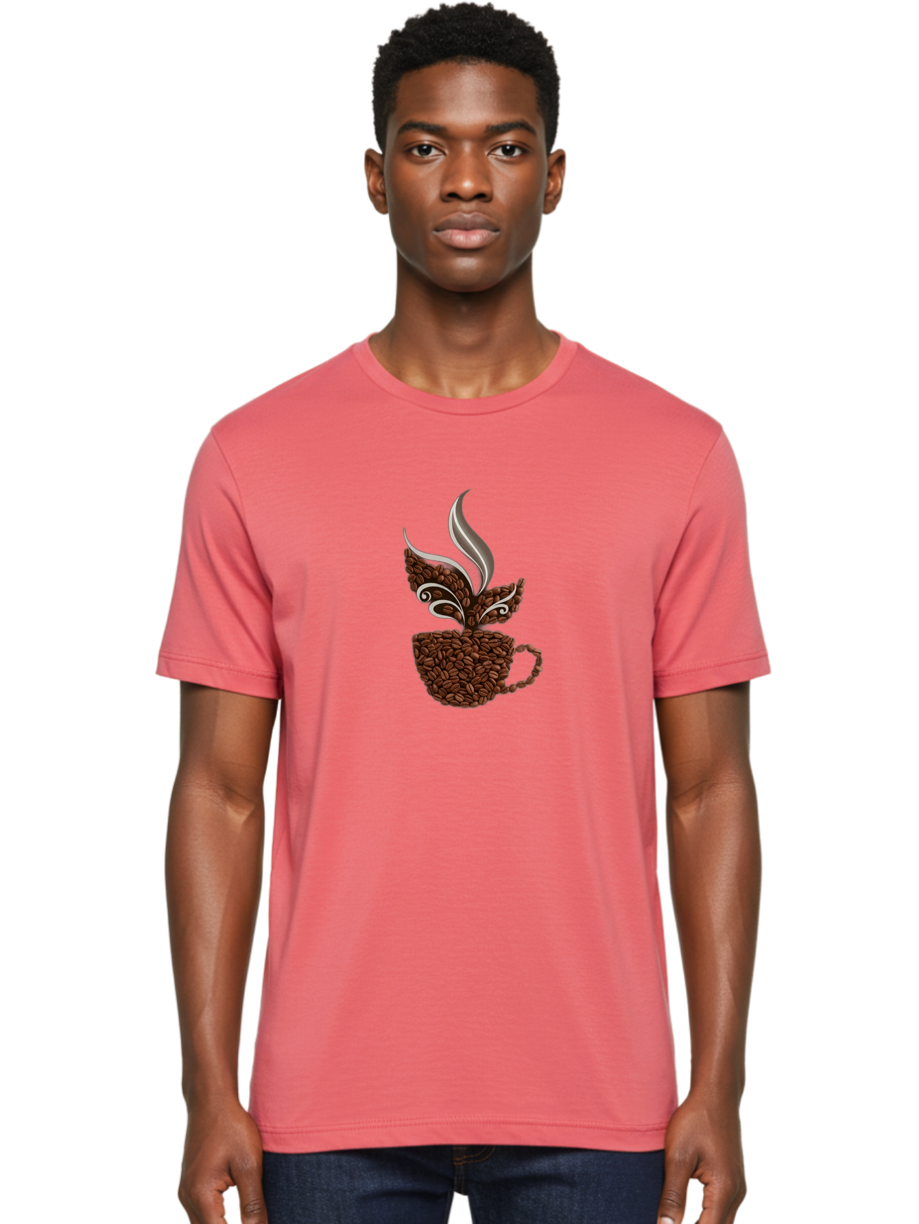 Coffee-Beans-Cup Men'S Graphic Tee, 100% Cotton, Comfortable Casual Summer Wear, Machine Washable, Coffee Beans, Coffee Cup, Brewing Coffee, Warm Beverage, Morning Pick-Me-Up, Coffee Break, Coffee Lover, Coffee Art, Steaming Hot Baa338