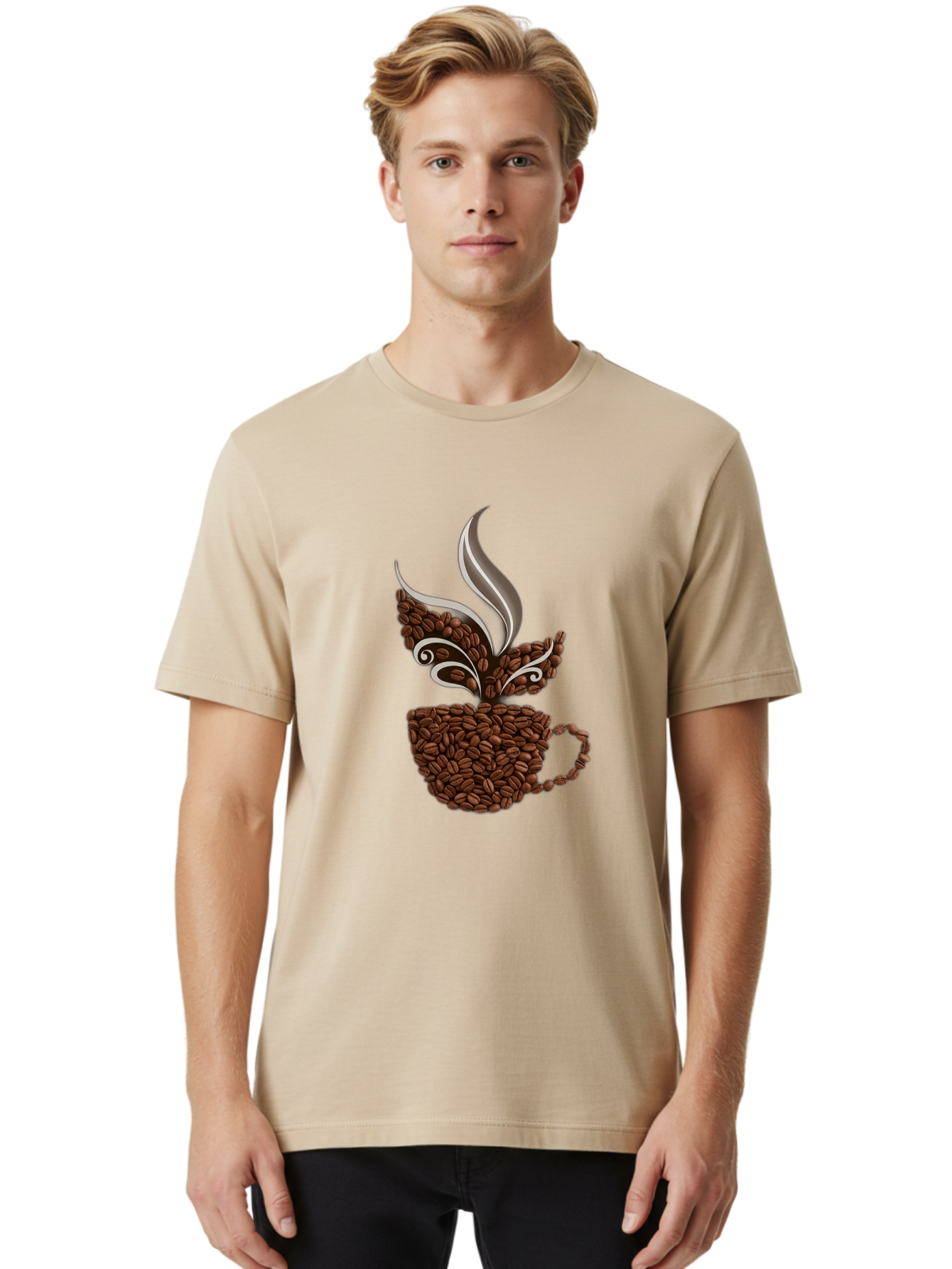 Coffee-Beans-Cup Men'S Graphic Tee, 100% Cotton, Comfortable Casual Summer Wear, Machine Washable, Coffee Beans, Coffee Cup, Brewing Coffee, Warm Beverage, Morning Pick-Me-Up, Coffee Break, Coffee Lover, Coffee Art, Steaming Hot Baa338