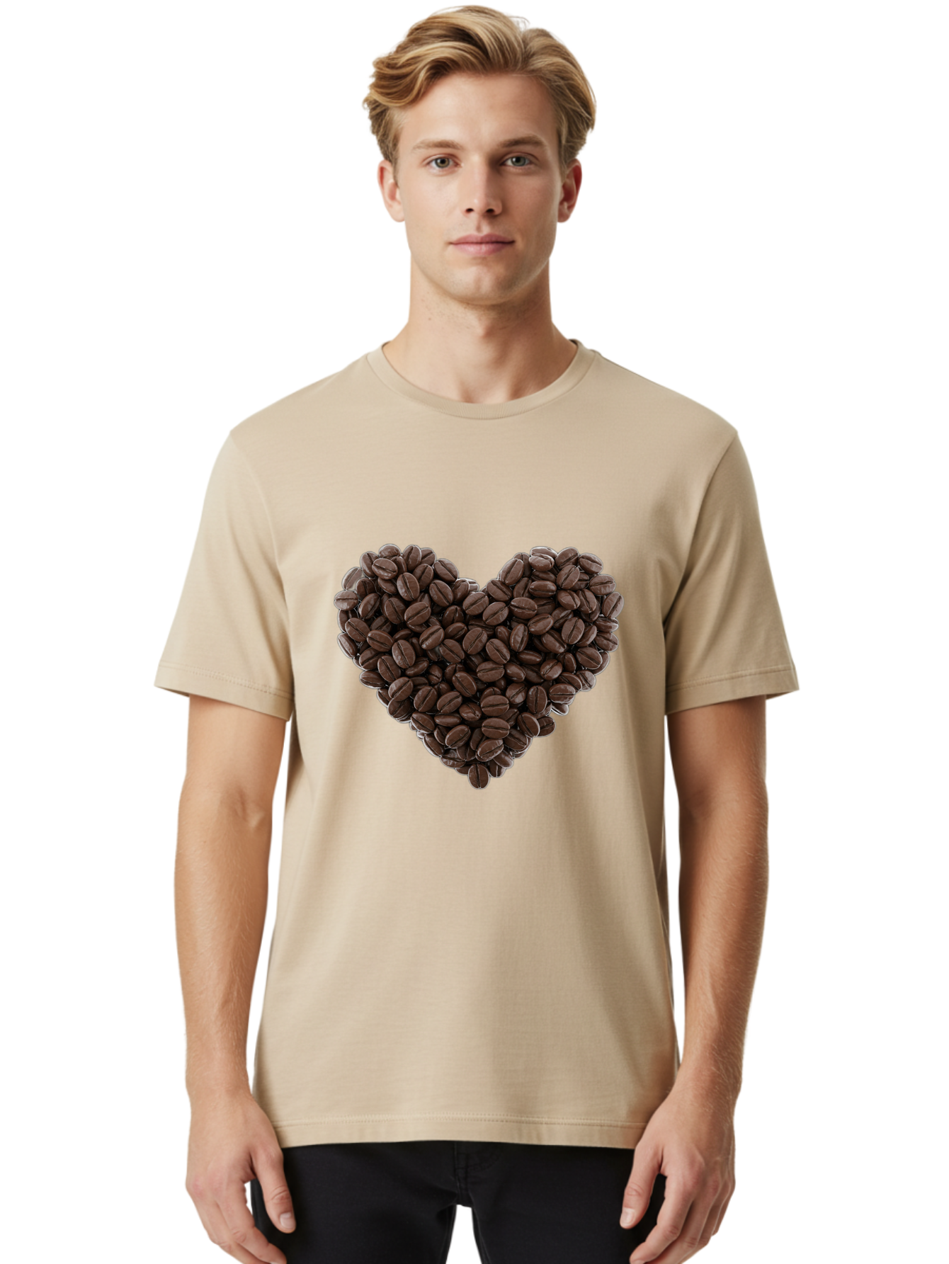 Coffee-Beans-Heart Men'S Graphic Tee, 100% Cotton, Comfortable Casual Summer Wear, Machine Washable, Coffee Beans, Heart Shape, Roasted Coffee, Coffee Lovers, Coffee Obsession, Rich Aroma, Dark Brown Color, Creative Design, Unique Art Baa339