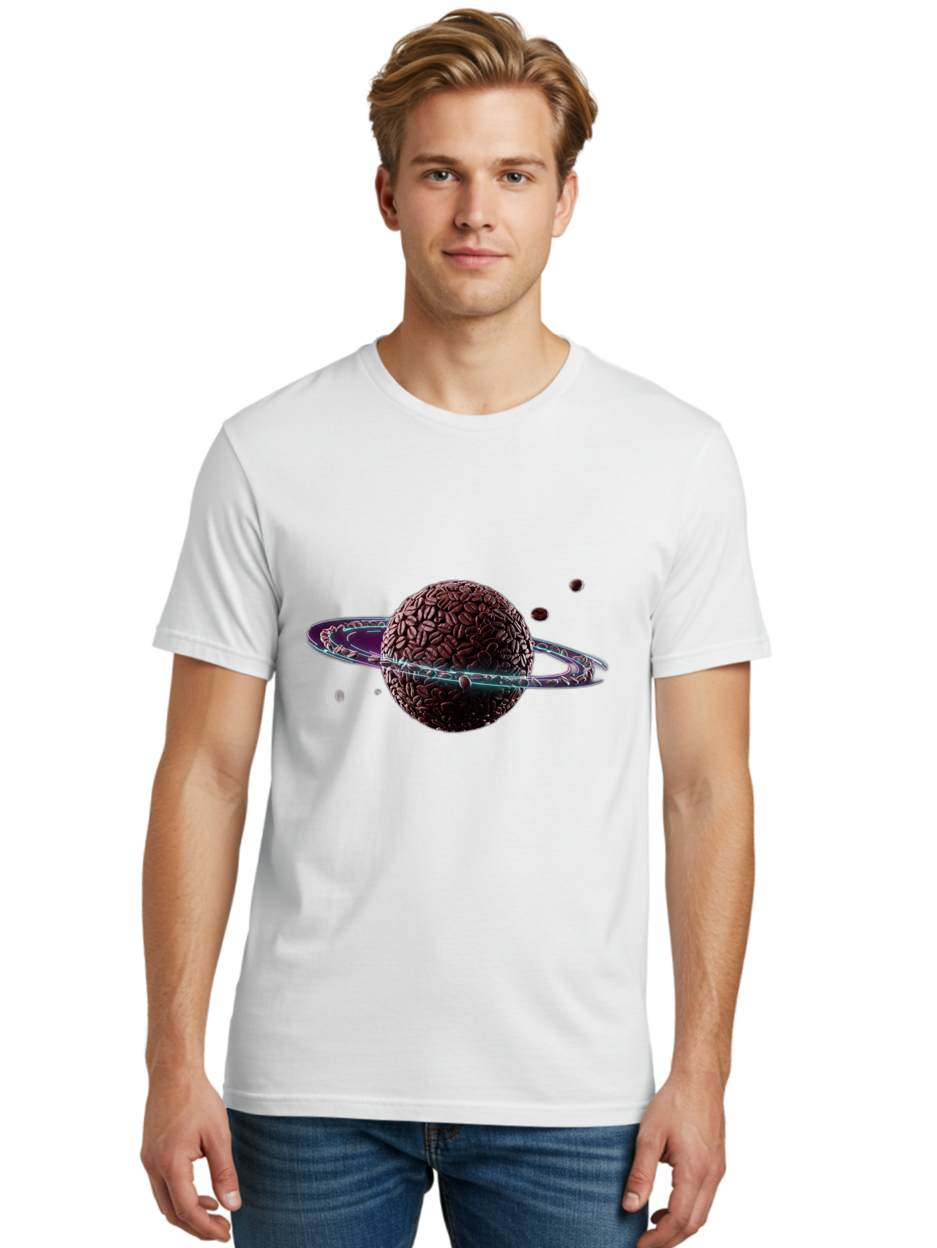 Coffee-Beans-Planet Men'S Graphic Tee, 100% Cotton, Comfortable Casual Summer Wear, Machine Washable, Coffee Beans, Planet With Rings, Creative Food Art, Coffee-Inspired Galaxy, Unique Design, Artistic Expression, Coffee Culture, Baa341