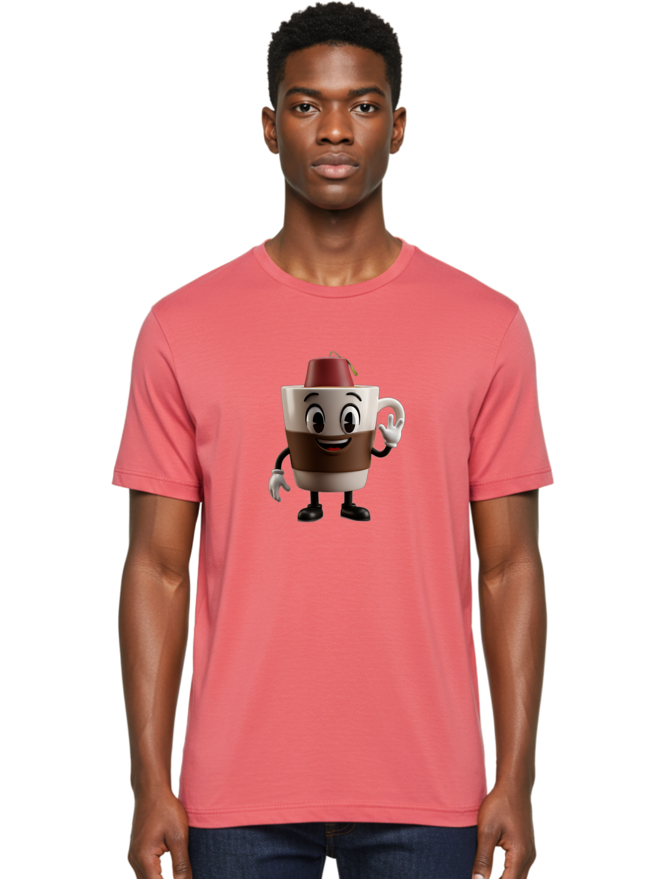 Coffee-Cup-1 Men'S Graphic Tee, 100% Cotton, Comfortable Casual Summer Wear, Machine Washable, Cartoon Coffee Mug, Coffee Character, Smiling Mug, Tea Bag On Top, Waving Hand, Friendly Beverage, Animated Coffee, Cute Drink, Coffee Culture, Baa343