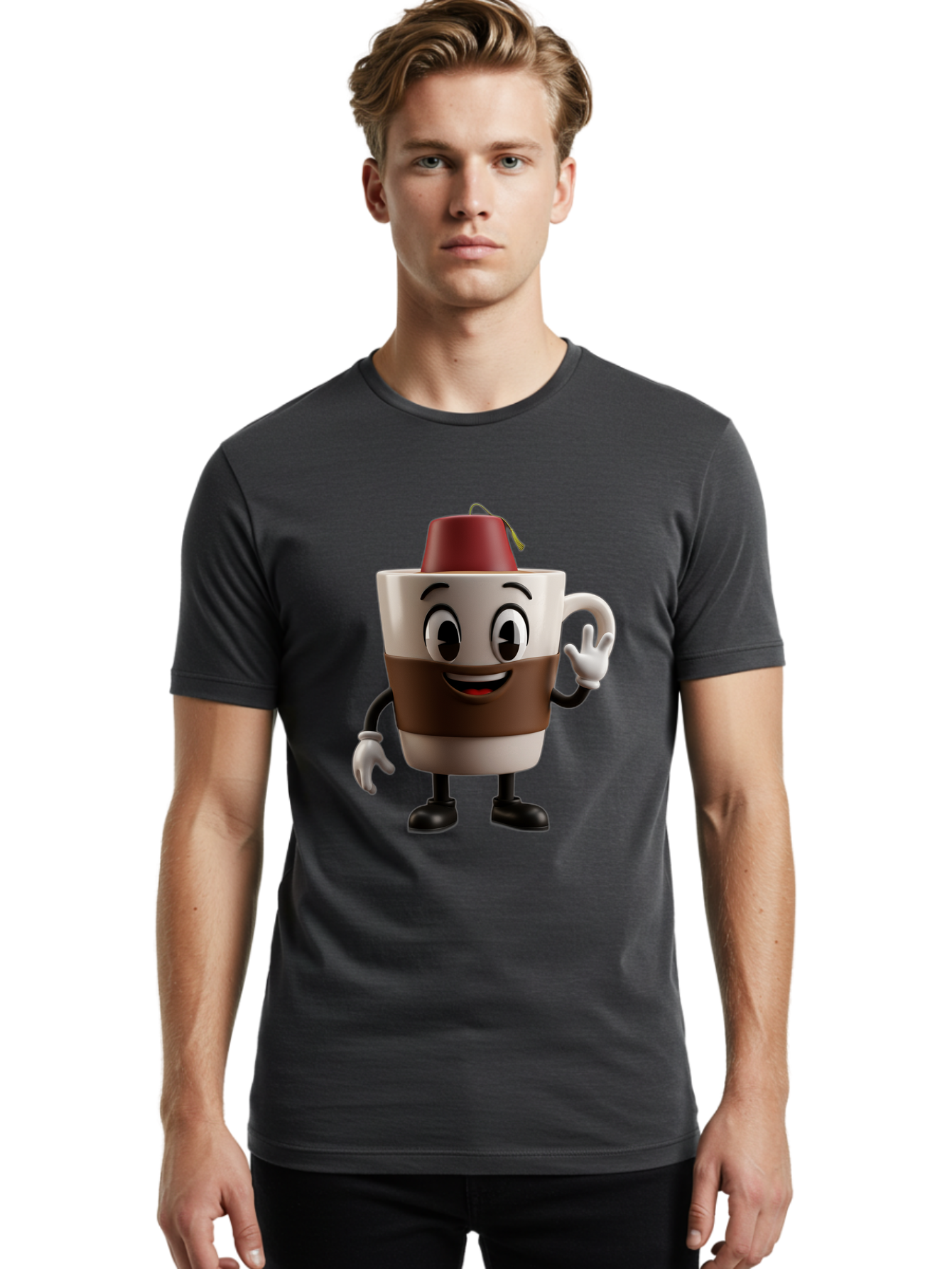 Coffee-Cup-1 Men'S Graphic Tee, 100% Cotton, Comfortable Casual Summer Wear, Machine Washable, Cartoon Coffee Mug, Coffee Character, Smiling Mug, Tea Bag On Top, Waving Hand, Friendly Beverage, Animated Coffee, Cute Drink, Coffee Culture, Baa343