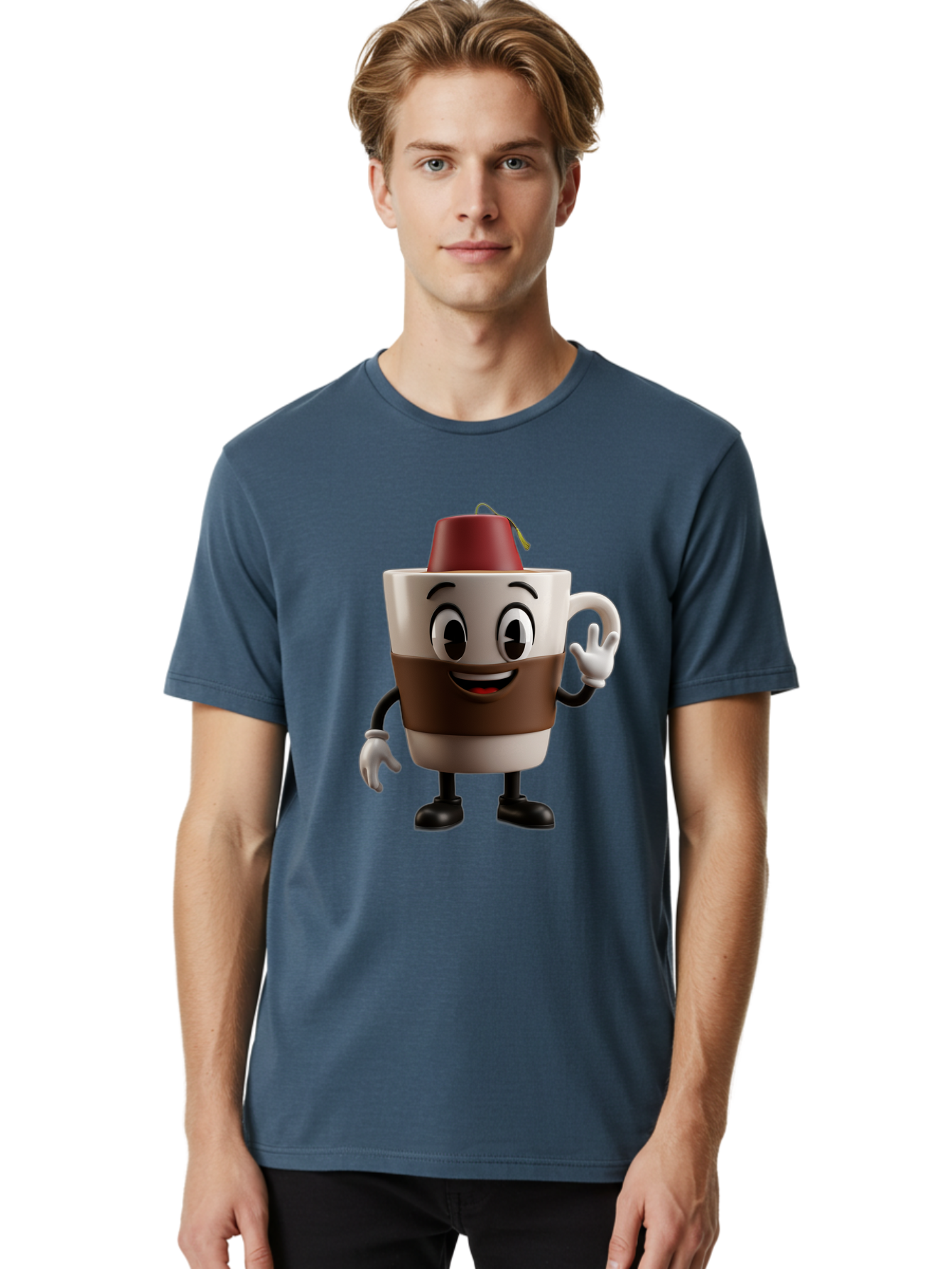 Coffee-Cup-1 Men'S Graphic Tee, 100% Cotton, Comfortable Casual Summer Wear, Machine Washable, Cartoon Coffee Mug, Coffee Character, Smiling Mug, Tea Bag On Top, Waving Hand, Friendly Beverage, Animated Coffee, Cute Drink, Coffee Culture, Baa343