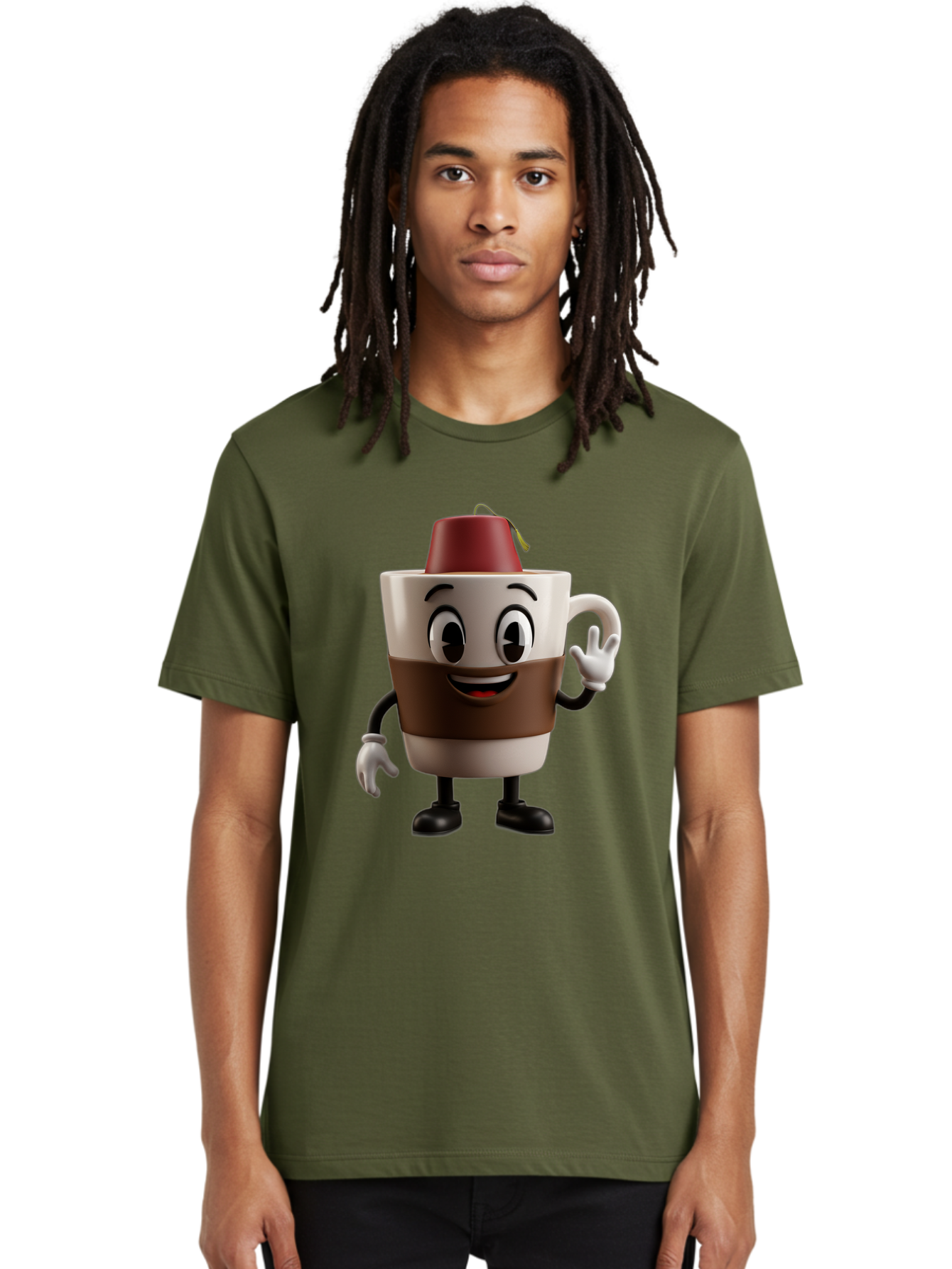 Coffee-Cup-1 Men'S Graphic Tee, 100% Cotton, Comfortable Casual Summer Wear, Machine Washable, Cartoon Coffee Mug, Coffee Character, Smiling Mug, Tea Bag On Top, Waving Hand, Friendly Beverage, Animated Coffee, Cute Drink, Coffee Culture, Baa343
