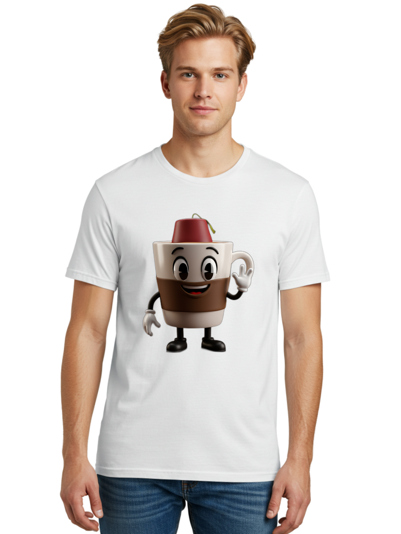 Coffee-Cup-1 Men'S Graphic Tee, 100% Cotton, Comfortable Casual Summer Wear, Machine Washable, Cartoon Coffee Mug, Coffee Character, Smiling Mug, Tea Bag On Top, Waving Hand, Friendly Beverage, Animated Coffee, Cute Drink, Coffee Culture, Baa343