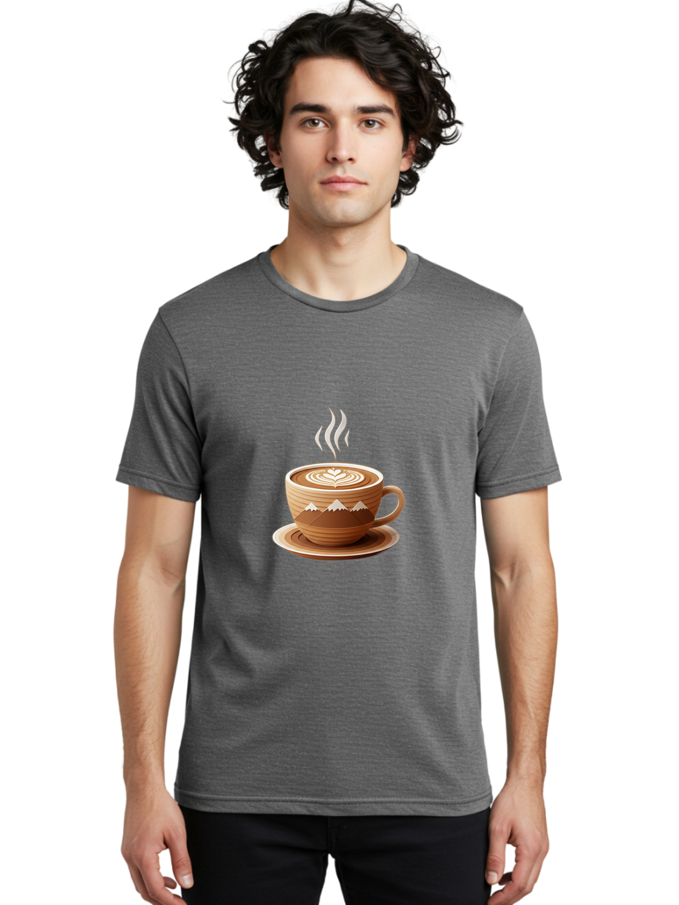 Coffee-Cup-11 Men'S Graphic Tee, 100% Cotton, Comfortable Casual Summer Wear, Machine Washable, Steaming Coffee Cup, Latte Art, Heart Design, Wooden Cup, White Mountains, Morning Coffee, Coffee Break, Espresso, Coffee Lover Baa345