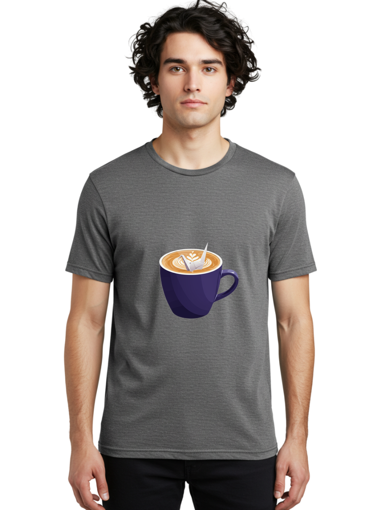 Coffee-Cup-12 Men'S Graphic Tee, 100% Cotton, Comfortable Casual Summer Wear, Machine Washable, Coffee Latte, Cappuccino Art, Espresso Drink, Dark Blue Cup, White Foam, Leaf Design, Coffee Culture, Morning Routine, Beverage Illustration, Baa346