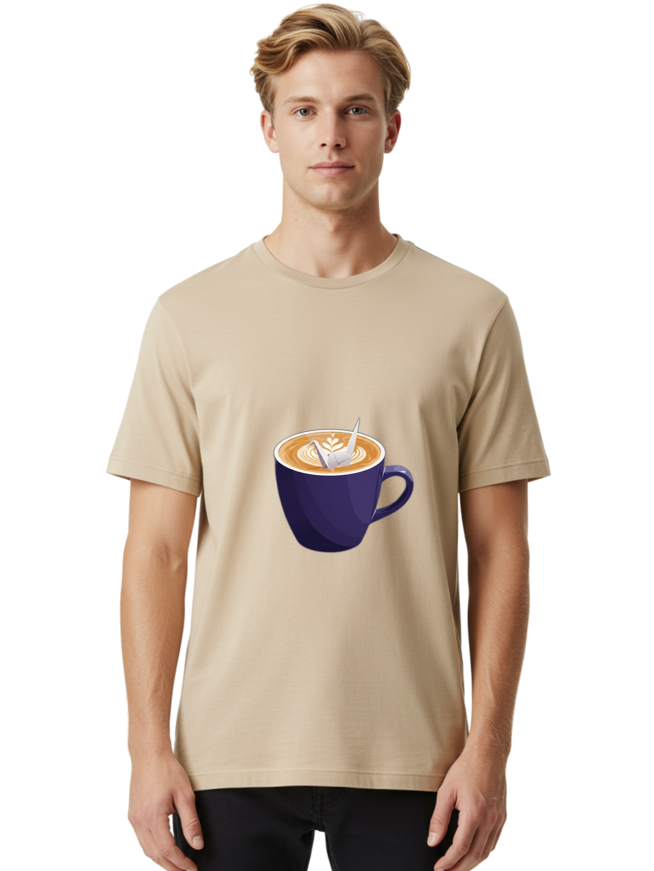 Coffee-Cup-12 Men'S Graphic Tee, 100% Cotton, Comfortable Casual Summer Wear, Machine Washable, Coffee Latte, Cappuccino Art, Espresso Drink, Dark Blue Cup, White Foam, Leaf Design, Coffee Culture, Morning Routine, Beverage Illustration, Baa346