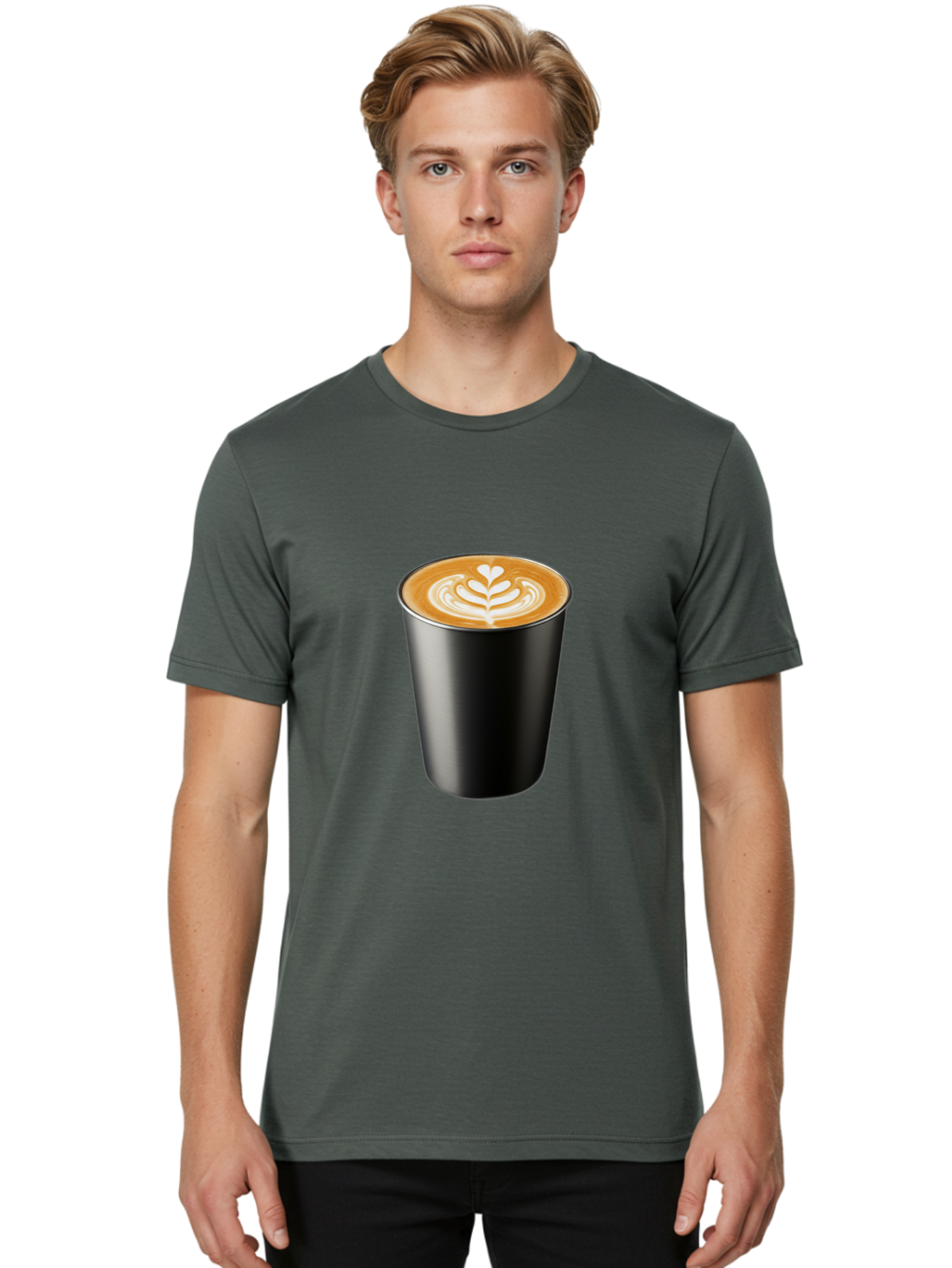 Coffee-Cup-15 Men'S Graphic Tee, 100% Cotton, Comfortable Casual Summer Wear, Machine Washable, Coffee Cup, Black Cup, Latte Art, Espresso, Coffee Drink, Heart Design, White Foam, Takeaway Coffee, Coffee Culture Baa349