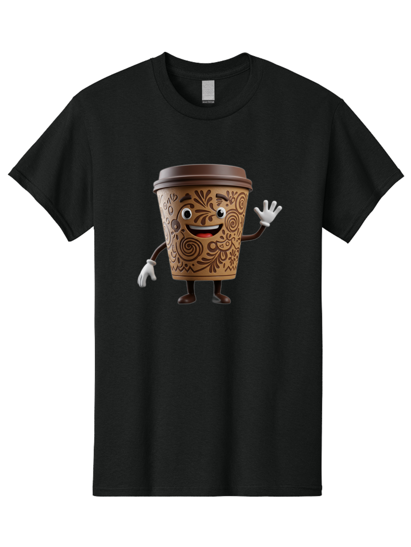 Coffee-Cup-3 Men'S Graphic Tee, 100% Cotton, Comfortable Casual Summer Wear, Machine Washable, Cartoon Coffee Cup, Anthropomorphic Design, Waving Gesture, Floral Patterns, Friendly Face, Coffee Culture, Morning Pick-Me-Up, Coffee Lover, Baa353