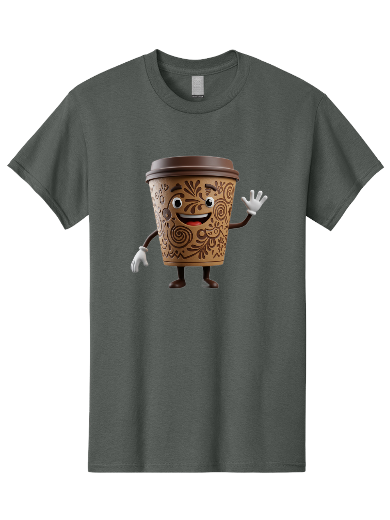 Coffee-Cup-3 Men'S Graphic Tee, 100% Cotton, Comfortable Casual Summer Wear, Machine Washable, Cartoon Coffee Cup, Anthropomorphic Design, Waving Gesture, Floral Patterns, Friendly Face, Coffee Culture, Morning Pick-Me-Up, Coffee Lover, Baa353