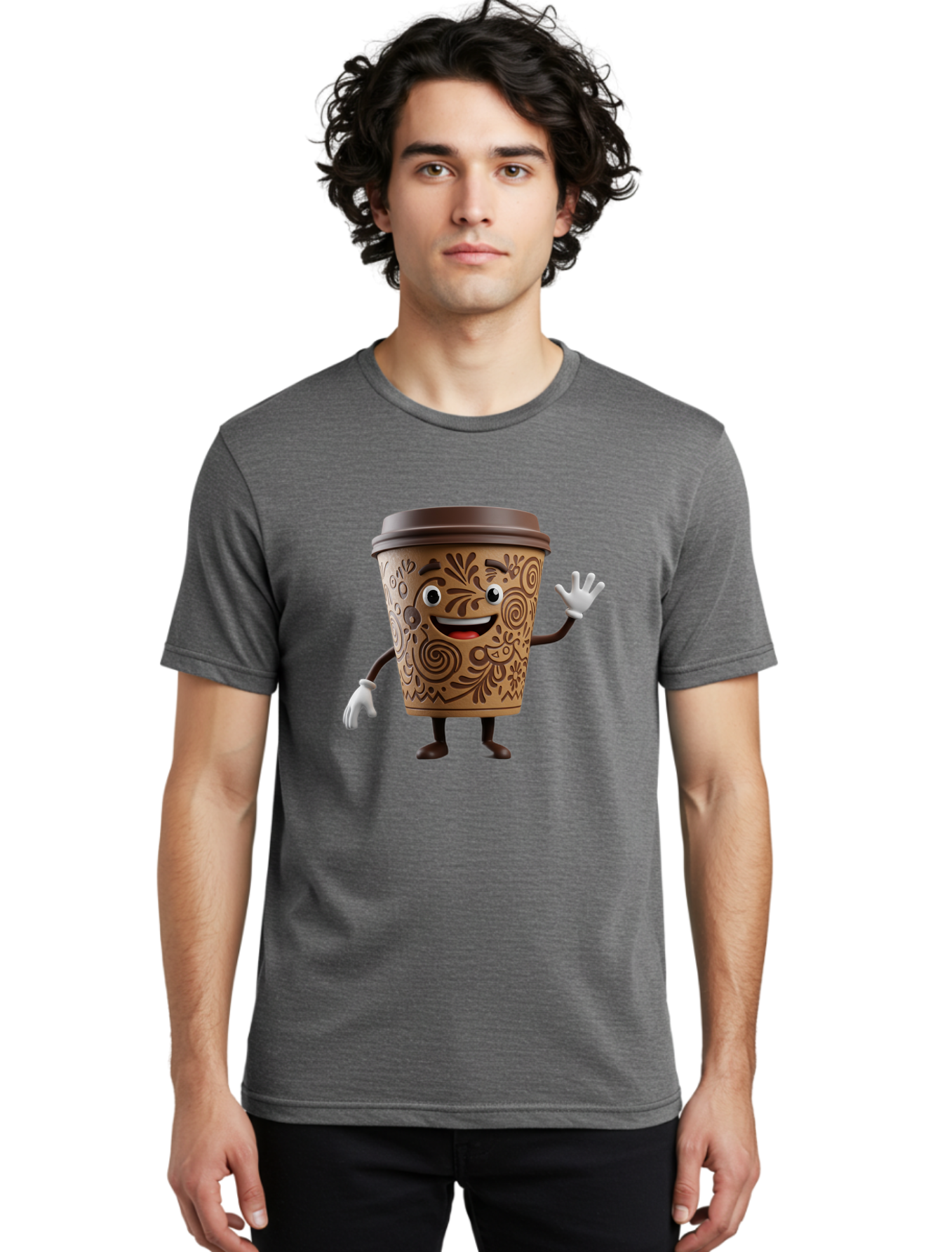 Coffee-Cup-3 Men'S Graphic Tee, 100% Cotton, Comfortable Casual Summer Wear, Machine Washable, Cartoon Coffee Cup, Anthropomorphic Design, Waving Gesture, Floral Patterns, Friendly Face, Coffee Culture, Morning Pick-Me-Up, Coffee Lover, Baa353
