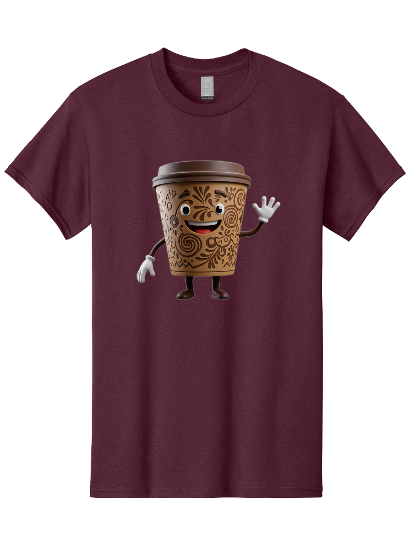 Coffee-Cup-3 Men'S Graphic Tee, 100% Cotton, Comfortable Casual Summer Wear, Machine Washable, Cartoon Coffee Cup, Anthropomorphic Design, Waving Gesture, Floral Patterns, Friendly Face, Coffee Culture, Morning Pick-Me-Up, Coffee Lover, Baa353
